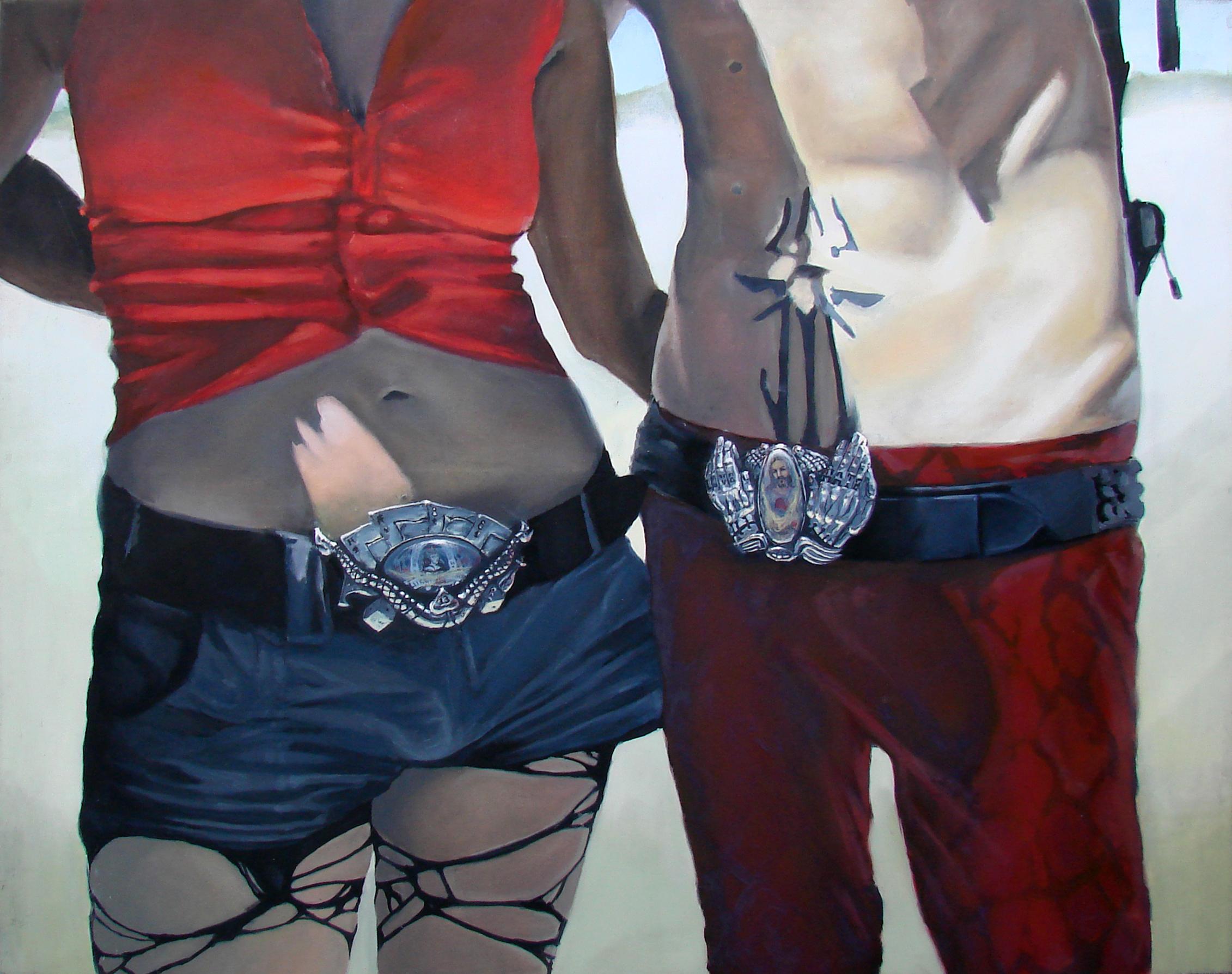 Figurative Painting Mihai Florea - Hate Love - Contemporain, Peinture Figurative, Rouge, Couple, Ceinture, Figure humaine