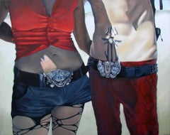 Hate Love - Contemporary, Figurative Painting, Red, Couple, Belt, Human Figure