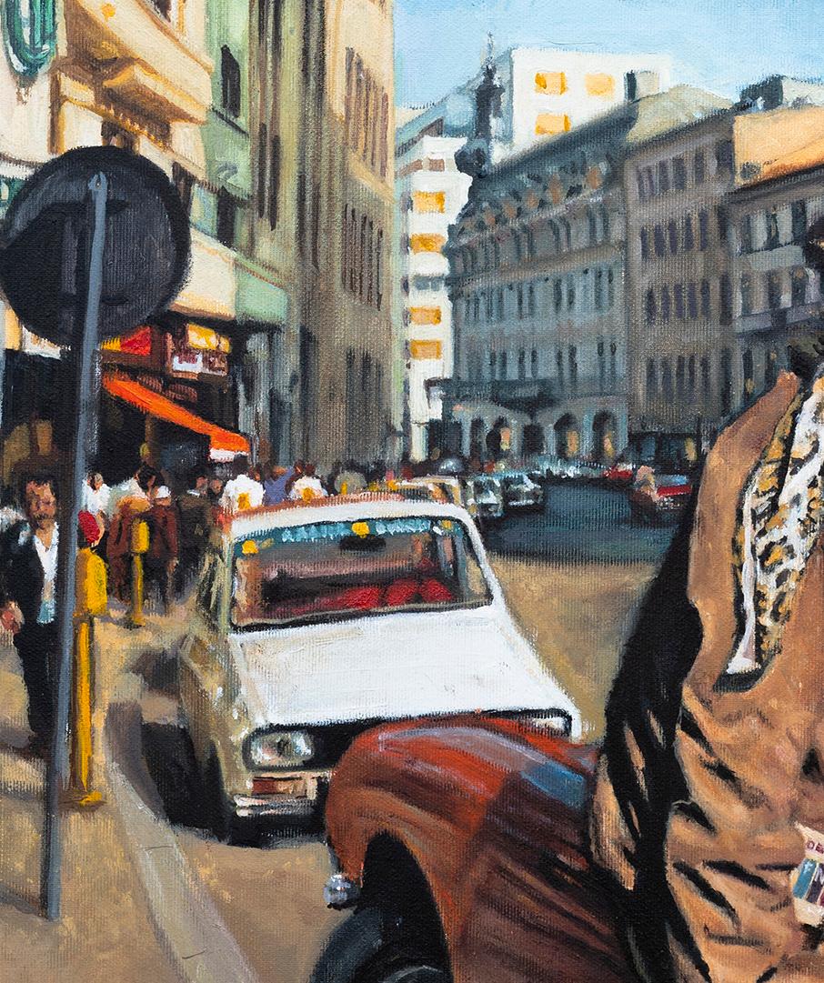 Having It All - Contemporary, Cityscape, Red, Woman, Old Timer, 21st Century - Photorealist Painting by Mihai Florea