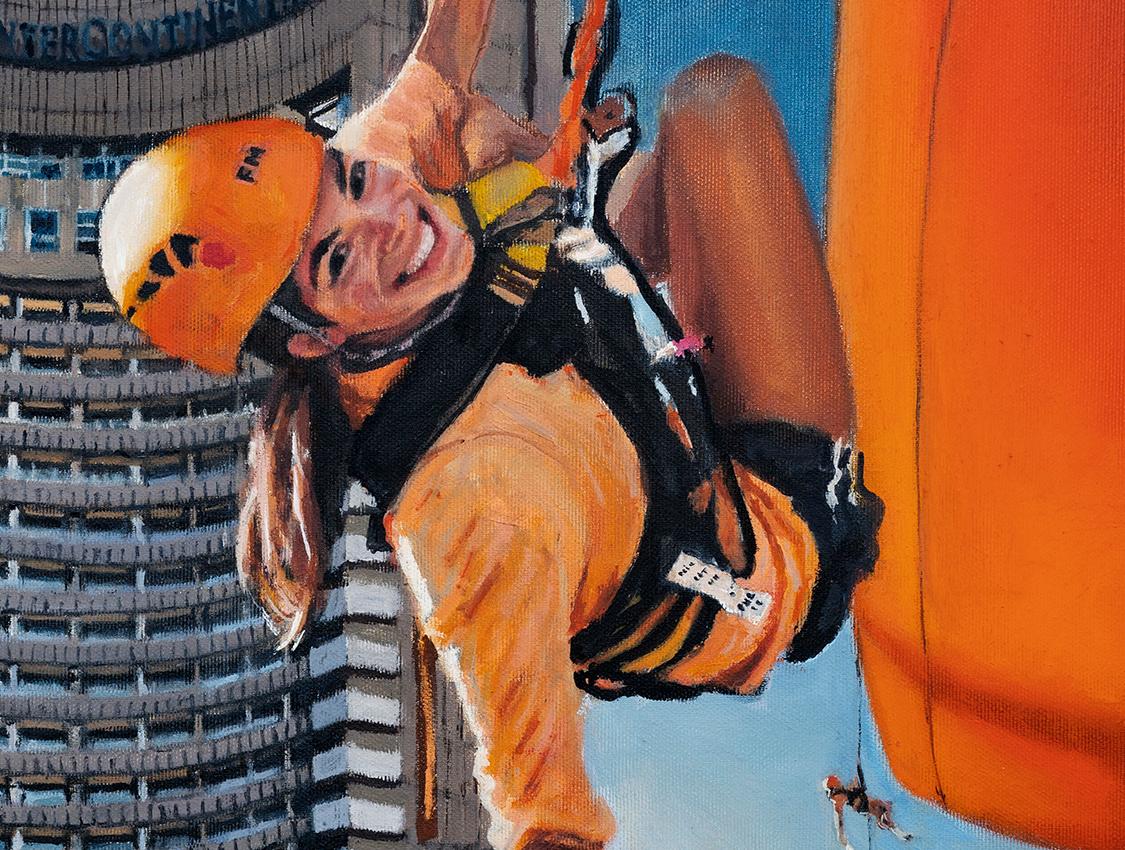 Highs & Lows - Contemporary, Cityscape, Orange, Blue, Fun, Happy, Woman, Smile - Painting by Mihai Florea