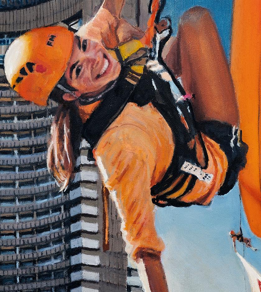 Highs & Lows - Contemporary, Cityscape, Orange, Blue, Fun, Happy, Woman, Smile - Gray Landscape Painting by Mihai Florea