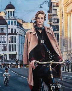 Storia degli uomini - Contemporaneo, Pittura figurativa, Paesaggio urbano, Donna, Blu
