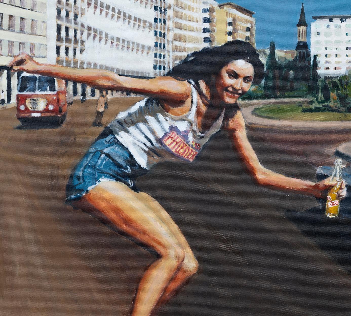 Riding On Change - 21st Century, Cityscape, Woman, Contemporary, Skateboard - Painting by Mihai Florea