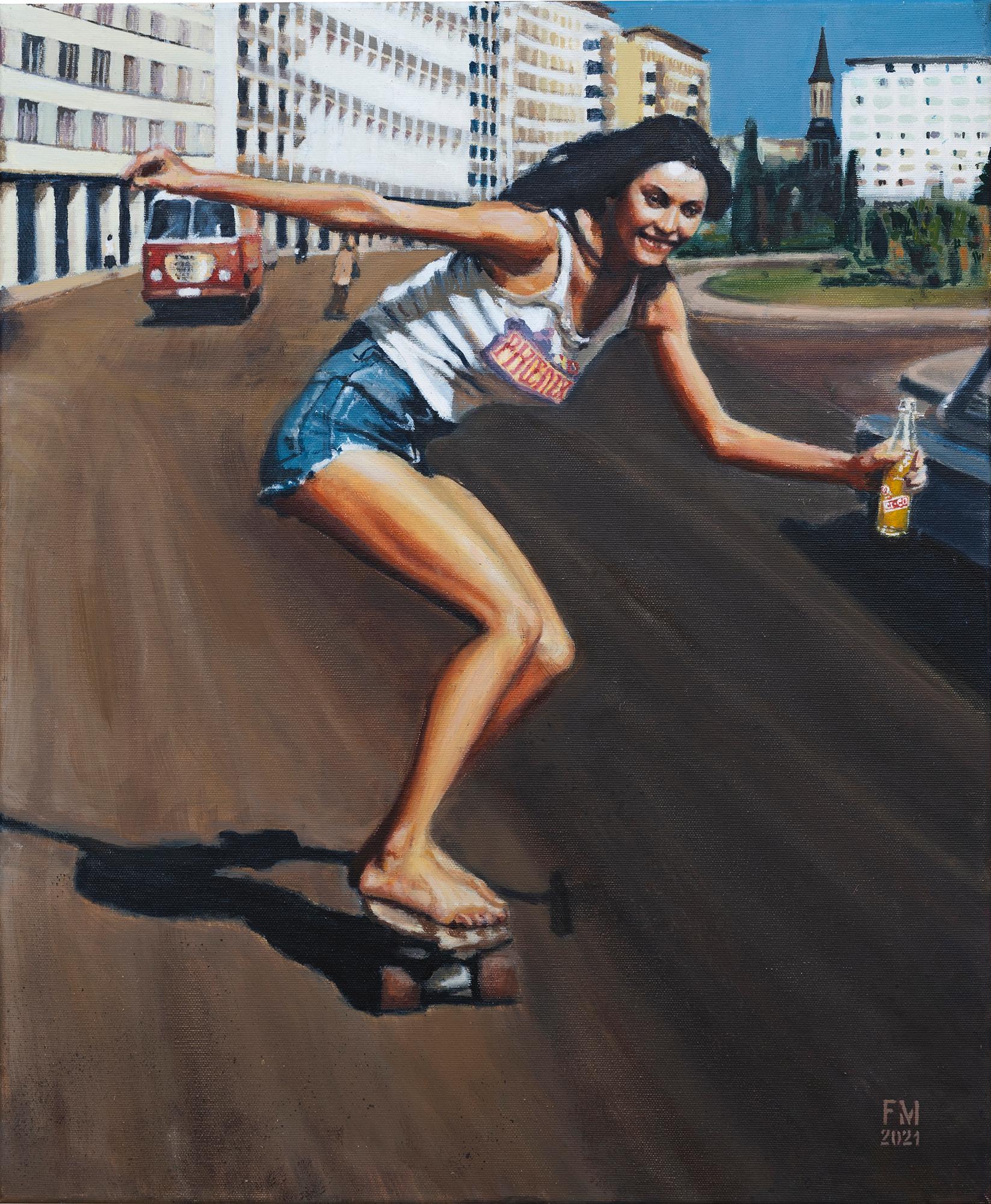 Mihai Florea Figurative Painting - Riding On Change - 21st Century, Cityscape, Woman, Contemporary, Skateboard