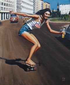 Riding On Change - 21st Century, Cityscape, Woman, Contemporary, Skateboard