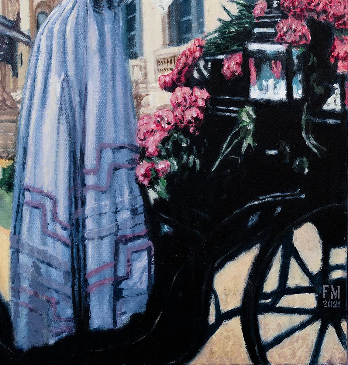 Spoils Of Love - 21st Century, Blue, Vintage, Carriage, Figurative Painting For Sale 4