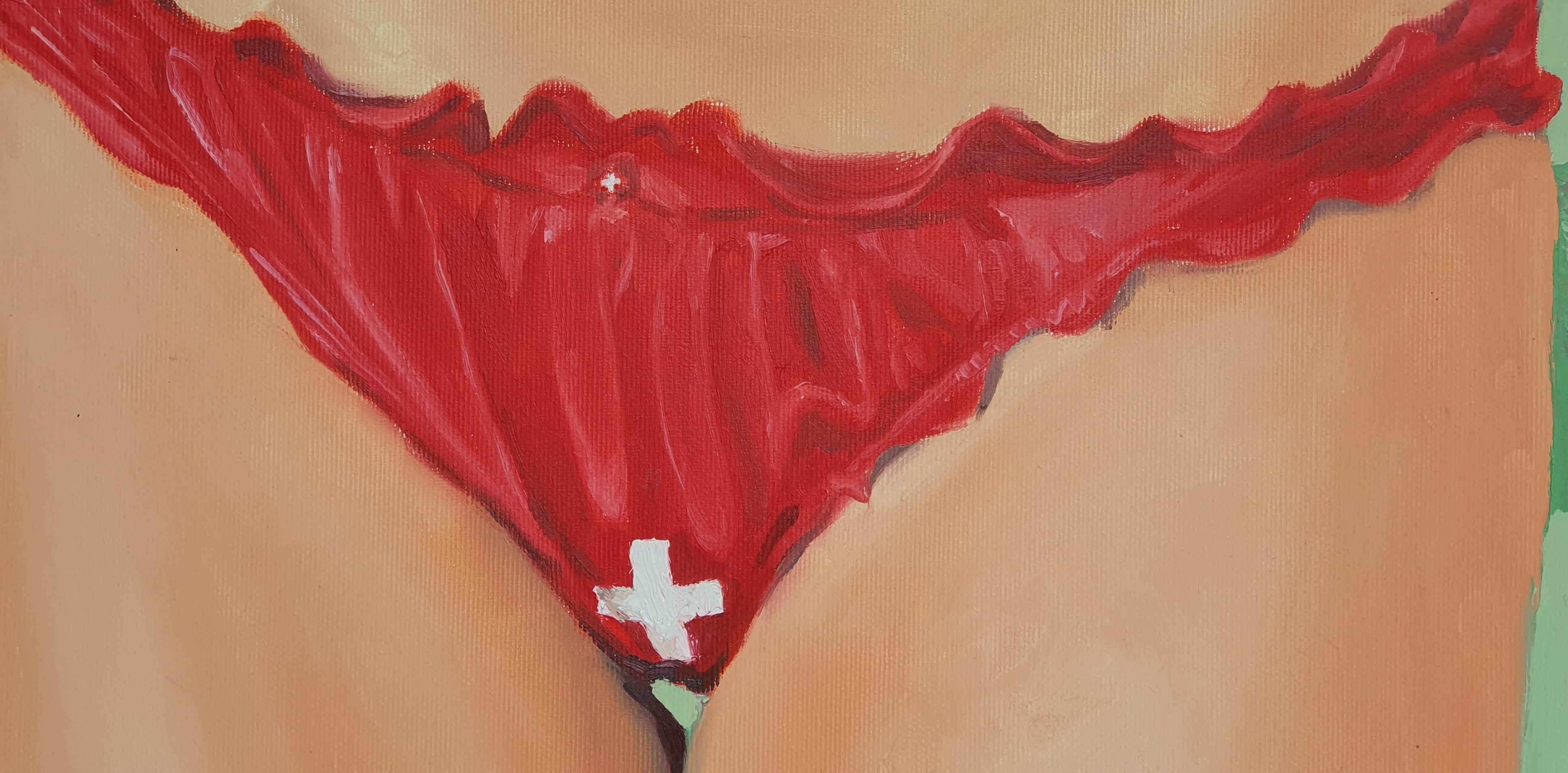 Switzerland - Contemporary Art, Figurative Art, Flag, Red, Green, Alps, Schweiz - Painting by Mihai Florea