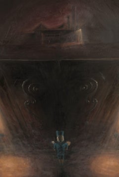 Il grande cancello chiuso - Contemporaneo, Bambino, Cancello, Pittura figurativa, Blu, Marrone