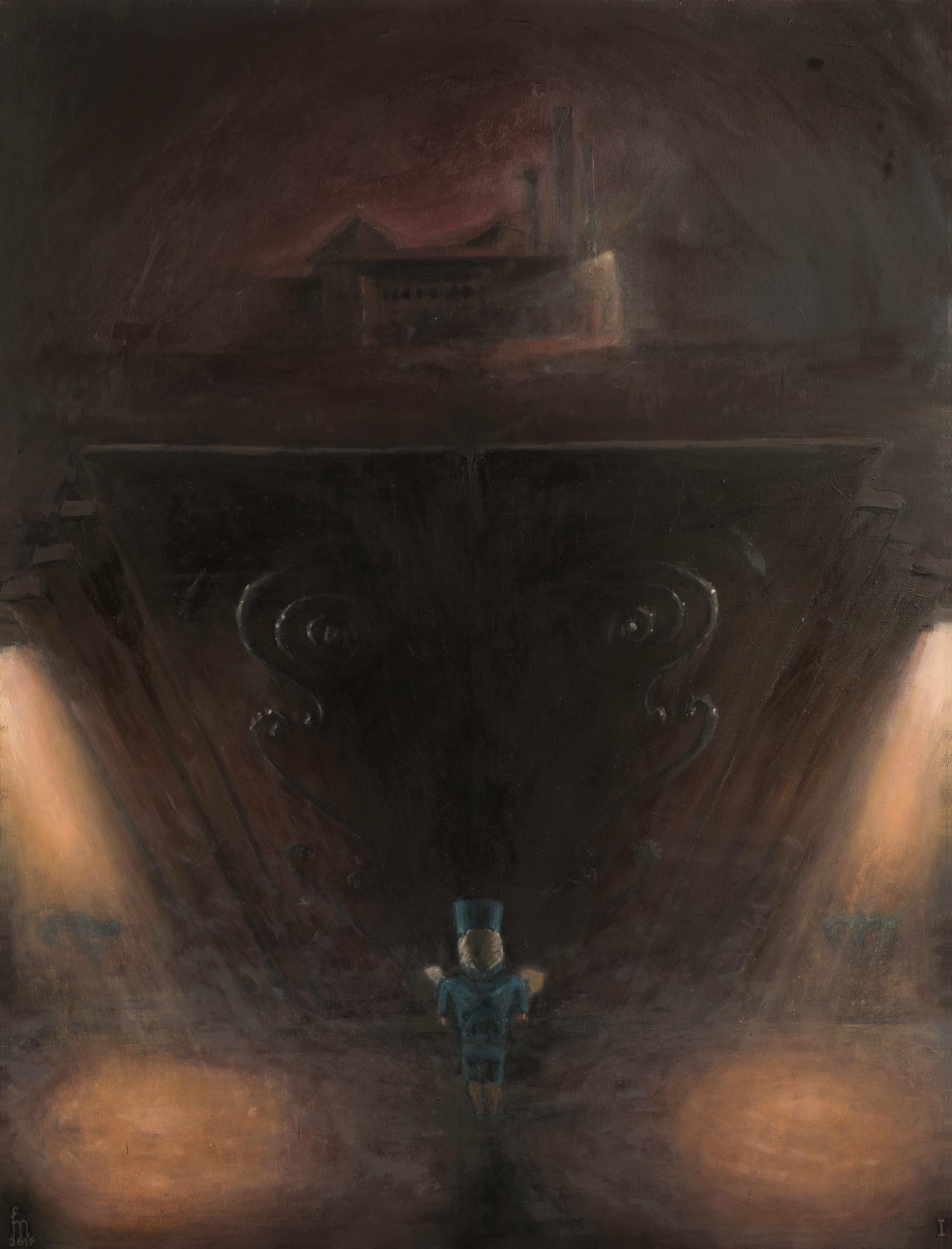 Landscape Painting de Mihai Florea - La gran puerta cerrada - Contemporáneo, Niño, Puerta, Pintura figurativa, Azul, Marrón