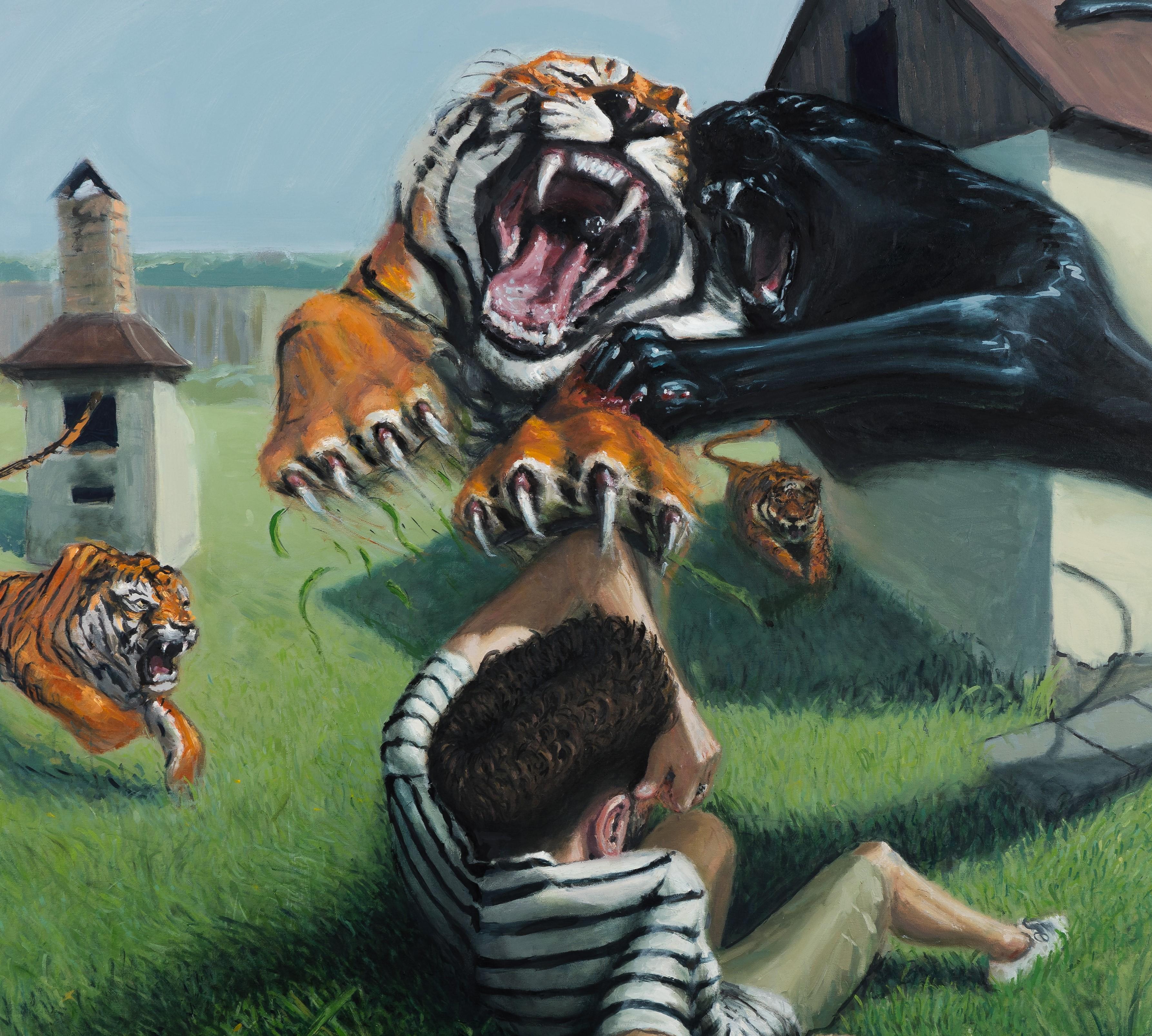 The Dangerous Backyard - Zeitgenössisch, Tiger, Kind, Orange, Grün, Schwarz, Panther – Painting von Mihai Florea