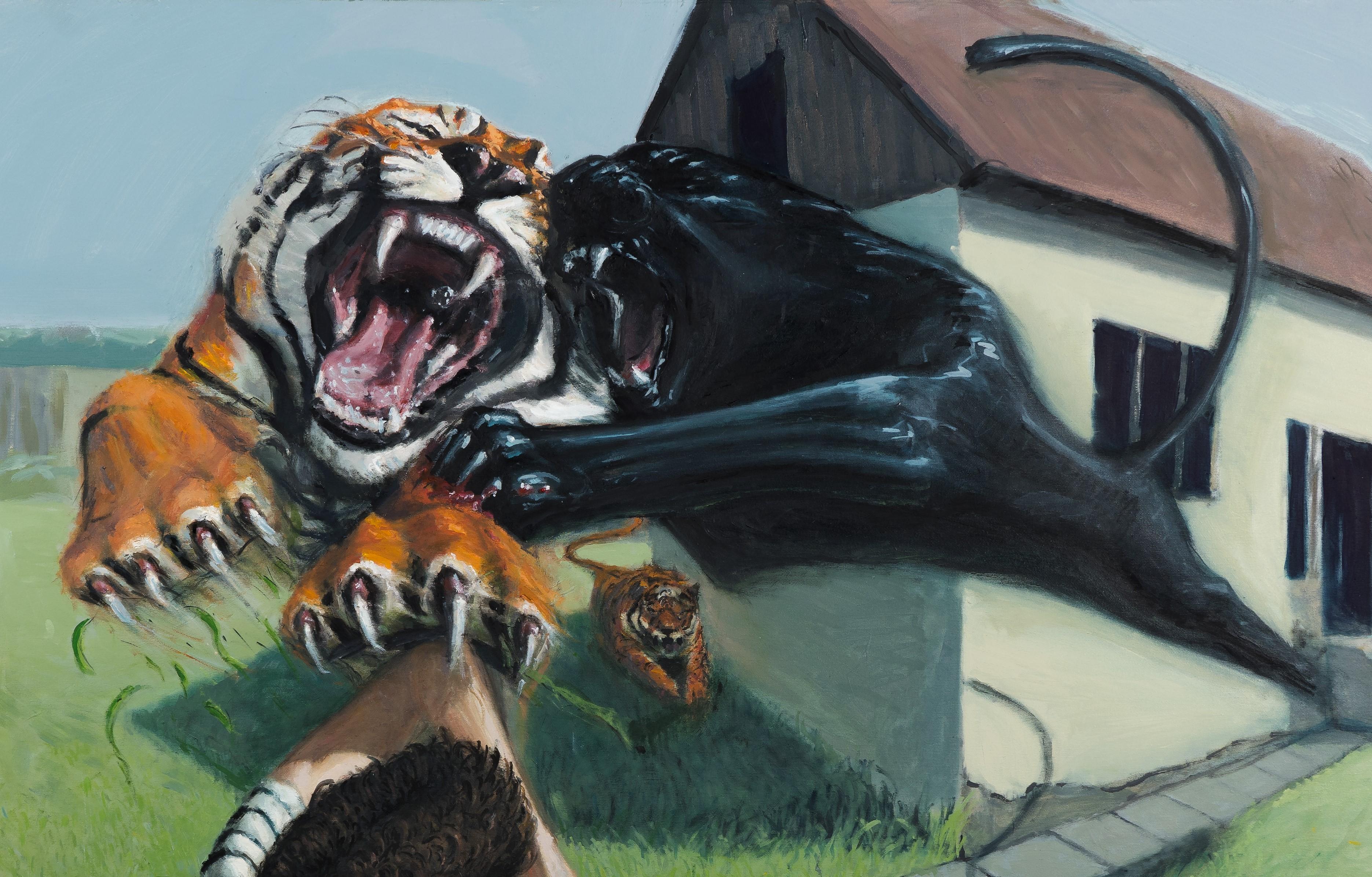 The Dangerous Backyard - Zeitgenössisch, Tiger, Kind, Orange, Grün, Schwarz, Panther (Fotorealismus), Painting, von Mihai Florea