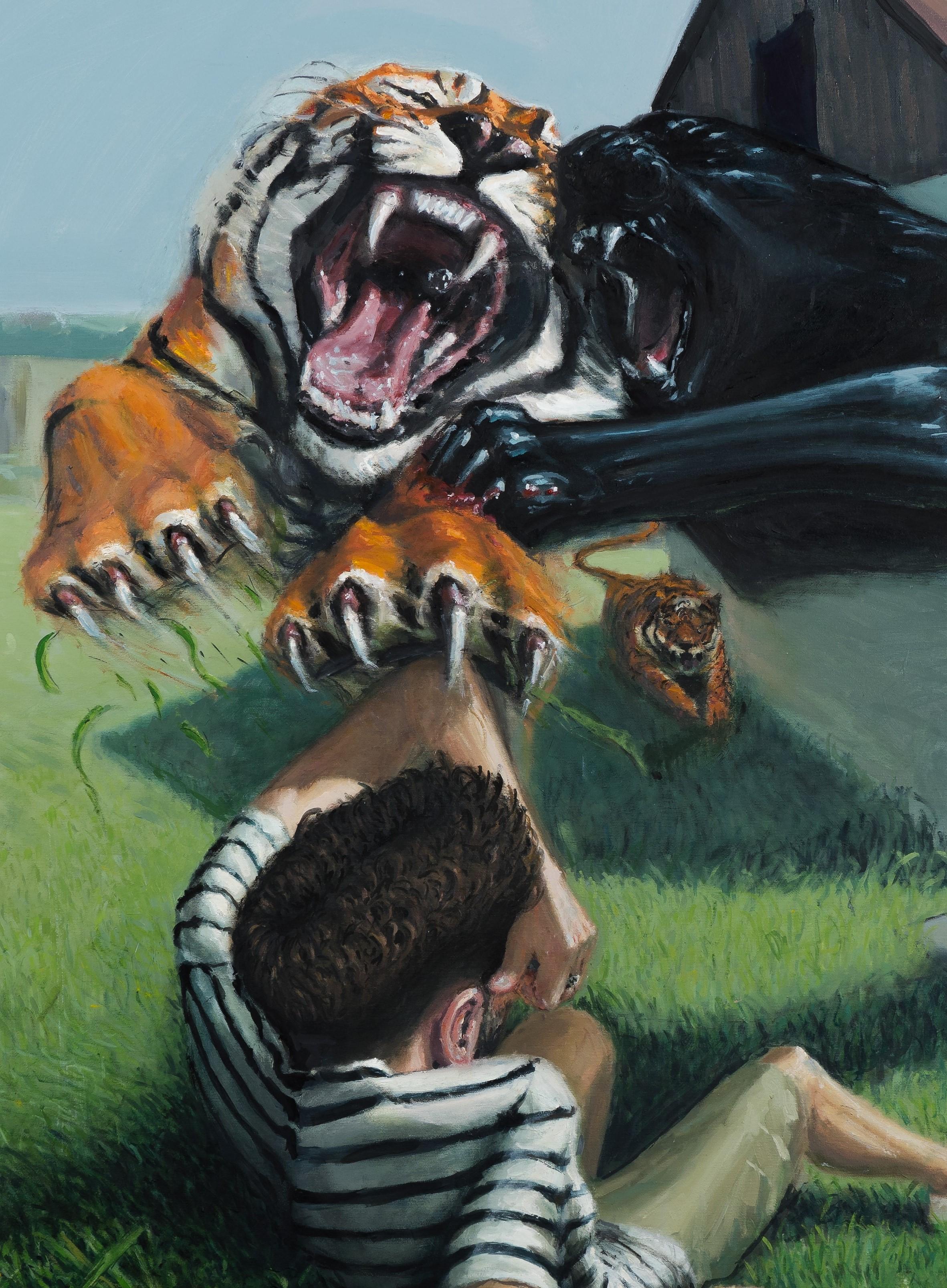 The Dangerous Backyard - Contemporary, Tiger, Kid, Orange, Green, Black, Panther - Photorealist Painting by Mihai Florea