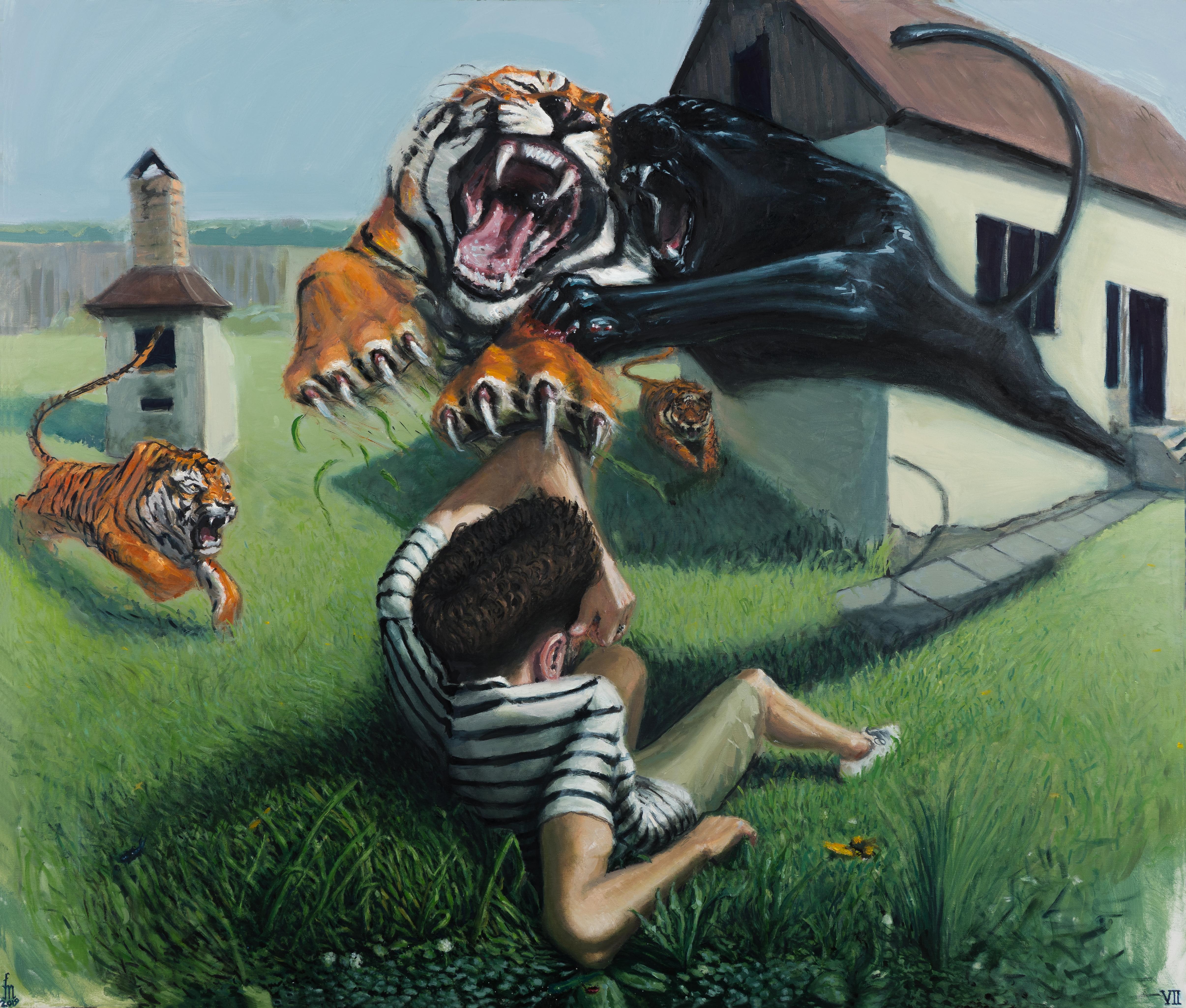Mihai Florea Landscape Painting – The Dangerous Backyard - Zeitgenössisch, Tiger, Kind, Orange, Grün, Schwarz, Panther