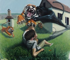 The Dangerous Backyard - Contemporary, Tiger, Kid, Orange, Green, Black, Panther