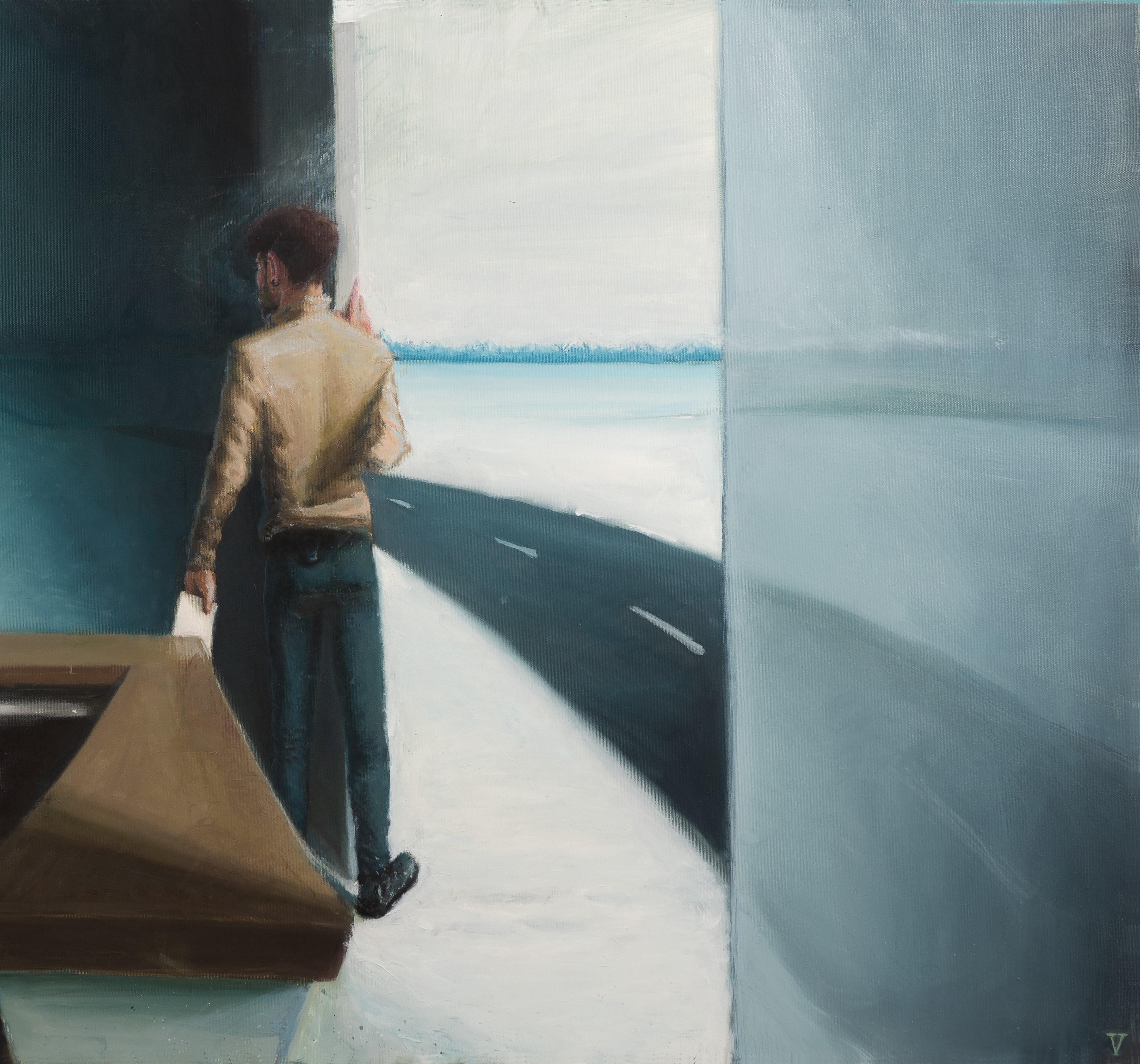El Bar Sin Puerta - Contemporáneo, Cielo, Azul, Blanco, Sueño, León, Masculino - Figurative Painting Gris de Mihai Florea