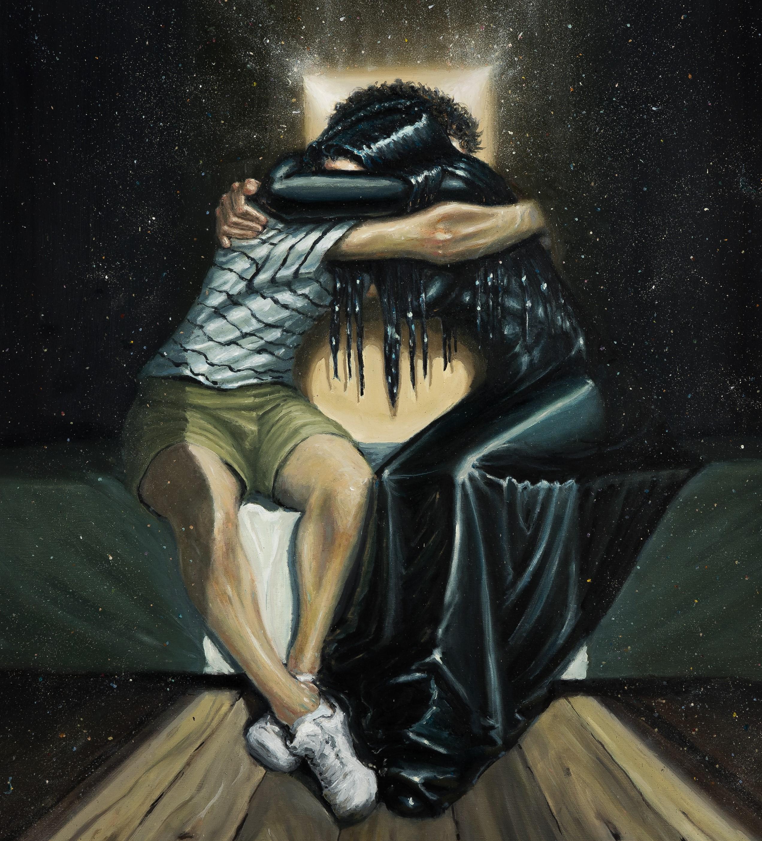 The Emotional Reunion - Contemporary, Dream, Blue, Black, Hug, Affection - Painting by Mihai Florea