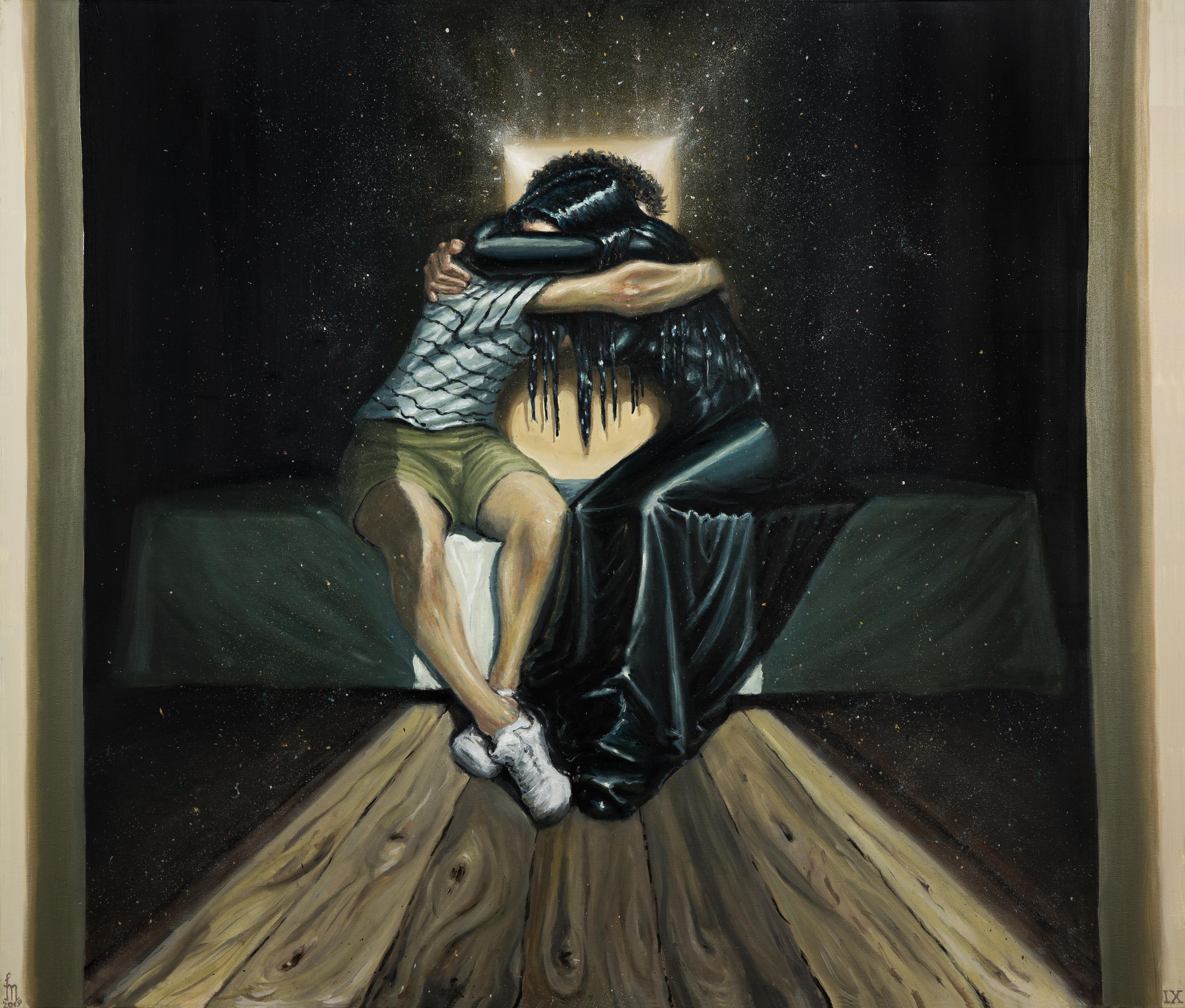 Mihai Florea Interior Painting - The Emotional Reunion - Contemporary, Dream, Blue, Black, Hug, Affection
