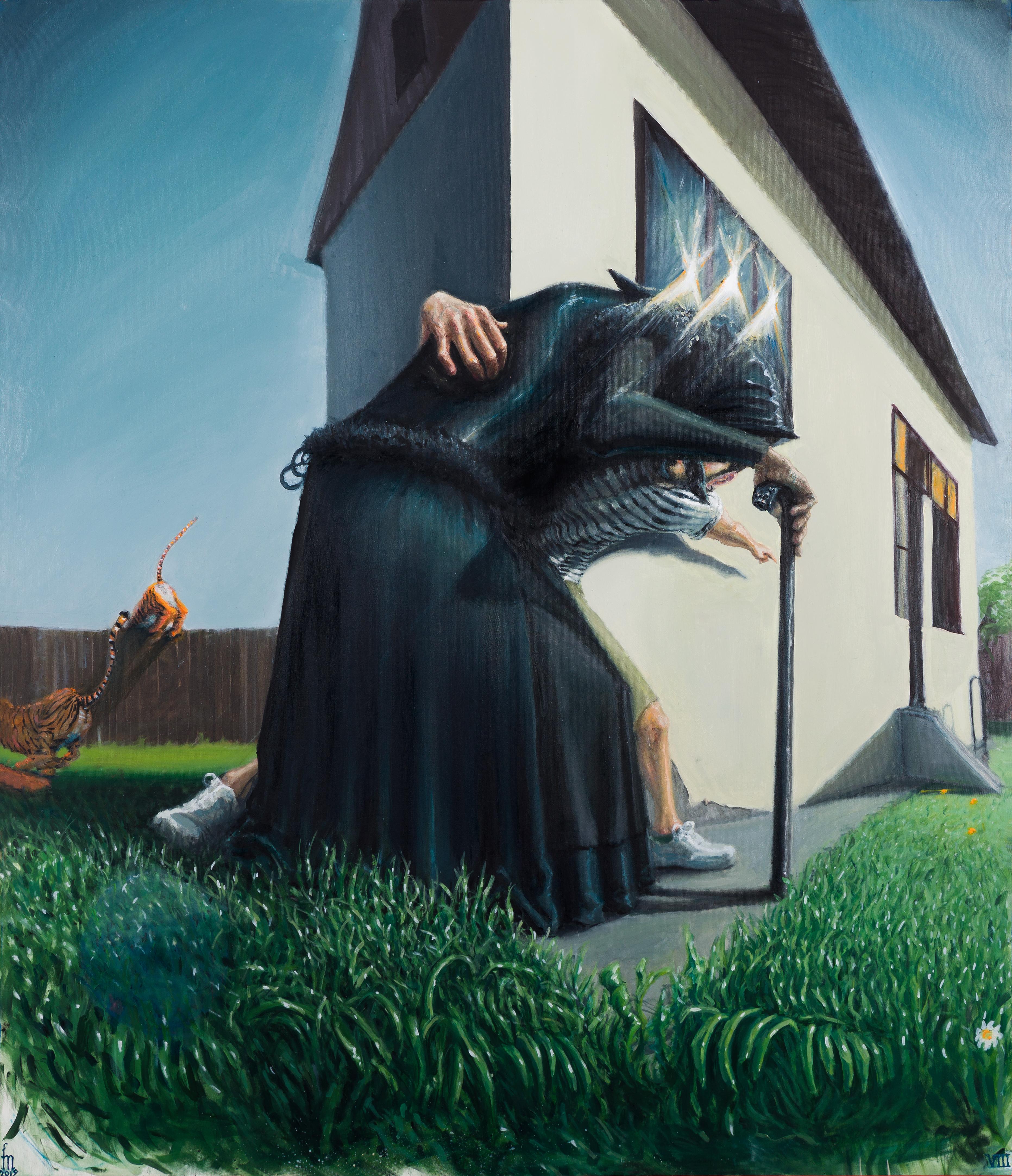 Landscape Painting de Mihai Florea - La Vieja Negra - Contemporáneo, Azul, Verde, Tigres, Negro, Dama, Sueño