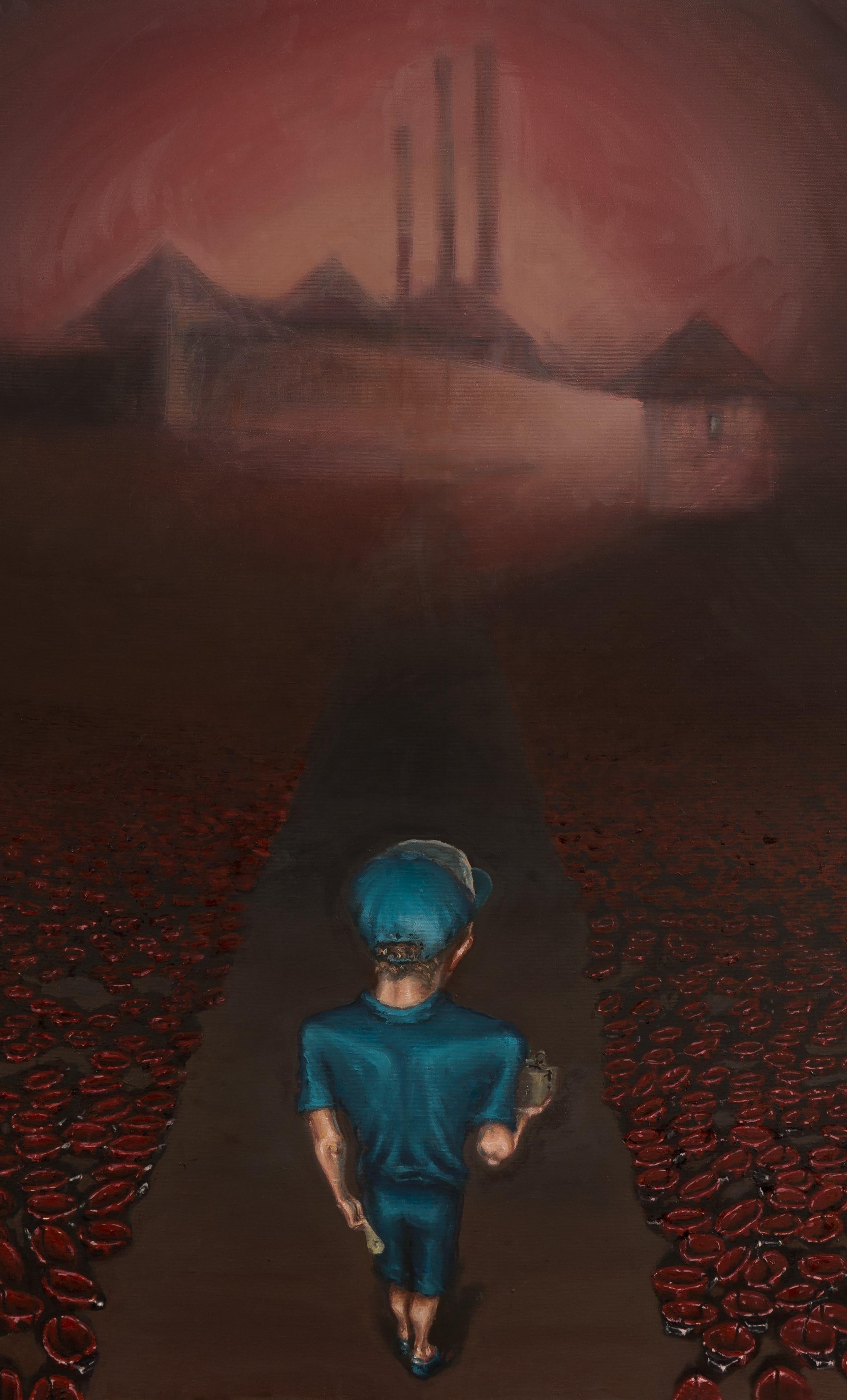 The Straight Path - Zeitgenössisch, Kind, Blau, Mystery, Ladybug, Rot, Braun – Painting von Mihai Florea