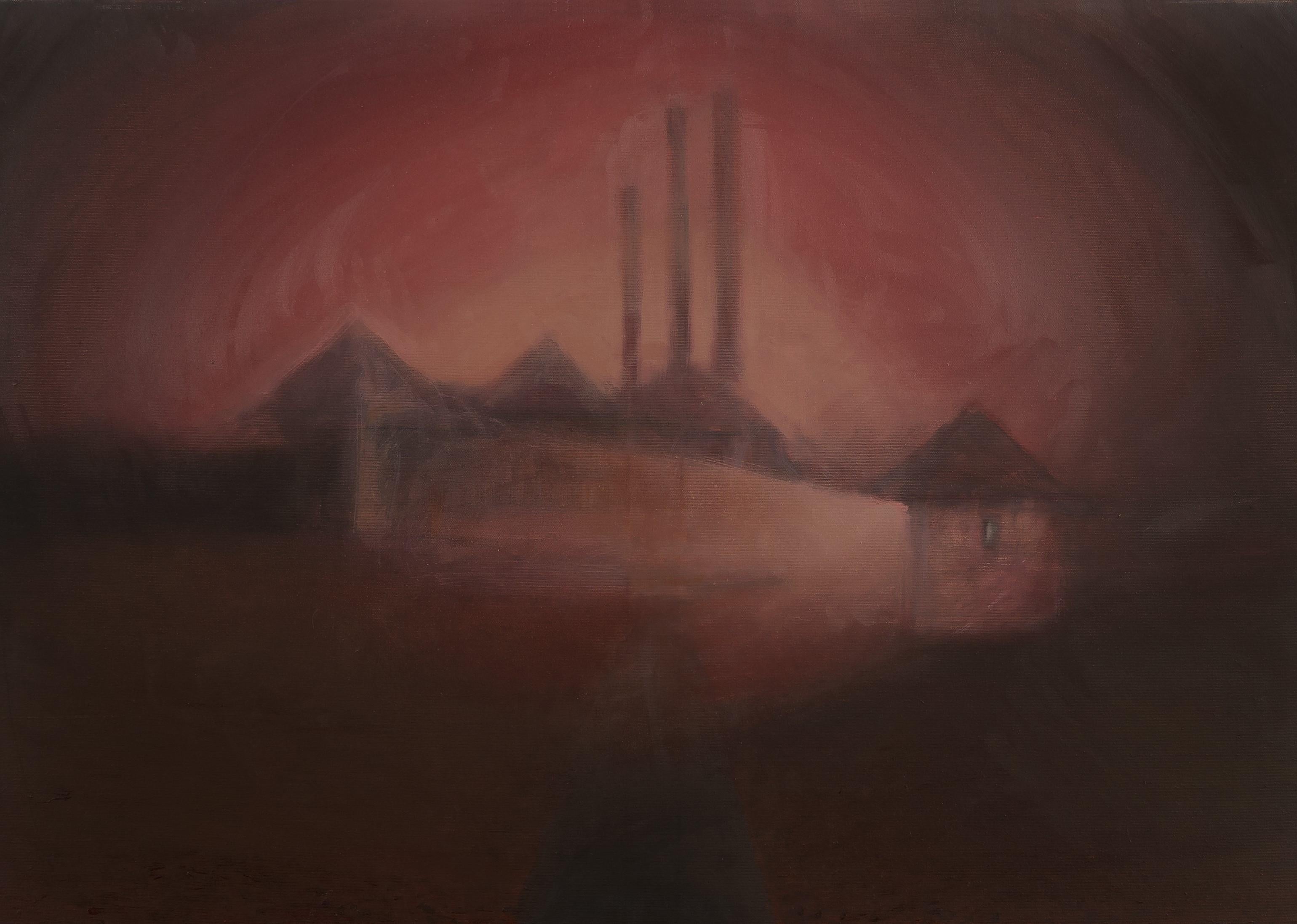 El camino recto - Contemporáneo, Niño, Azul, Misterio, Mariquita, Rojo, Marrón - Painting Surrealista de Mihai Florea