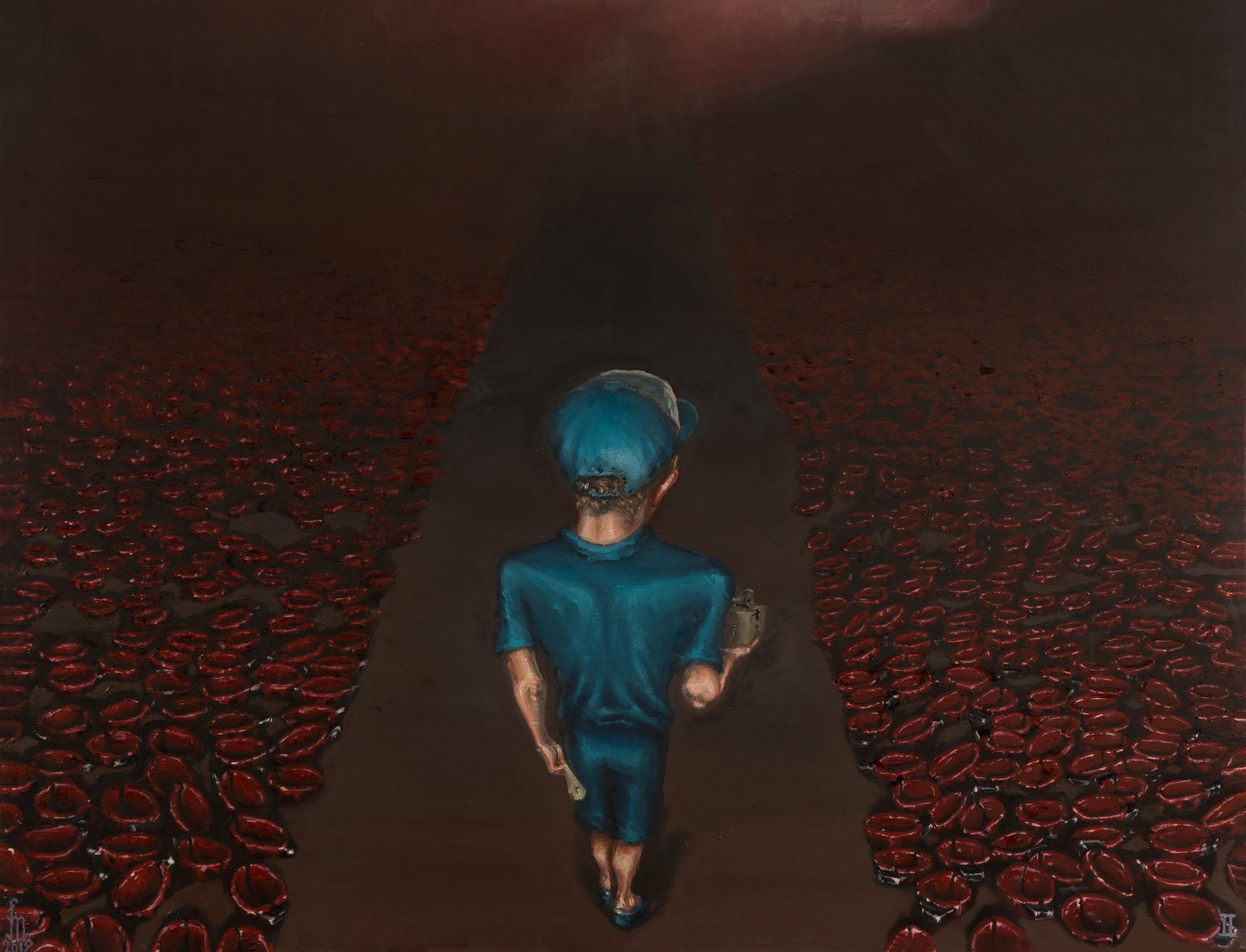 The Straight Path - Zeitgenössisch, Kind, Blau, Mystery, Ladybug, Rot, Braun (Schwarz), Landscape Painting, von Mihai Florea