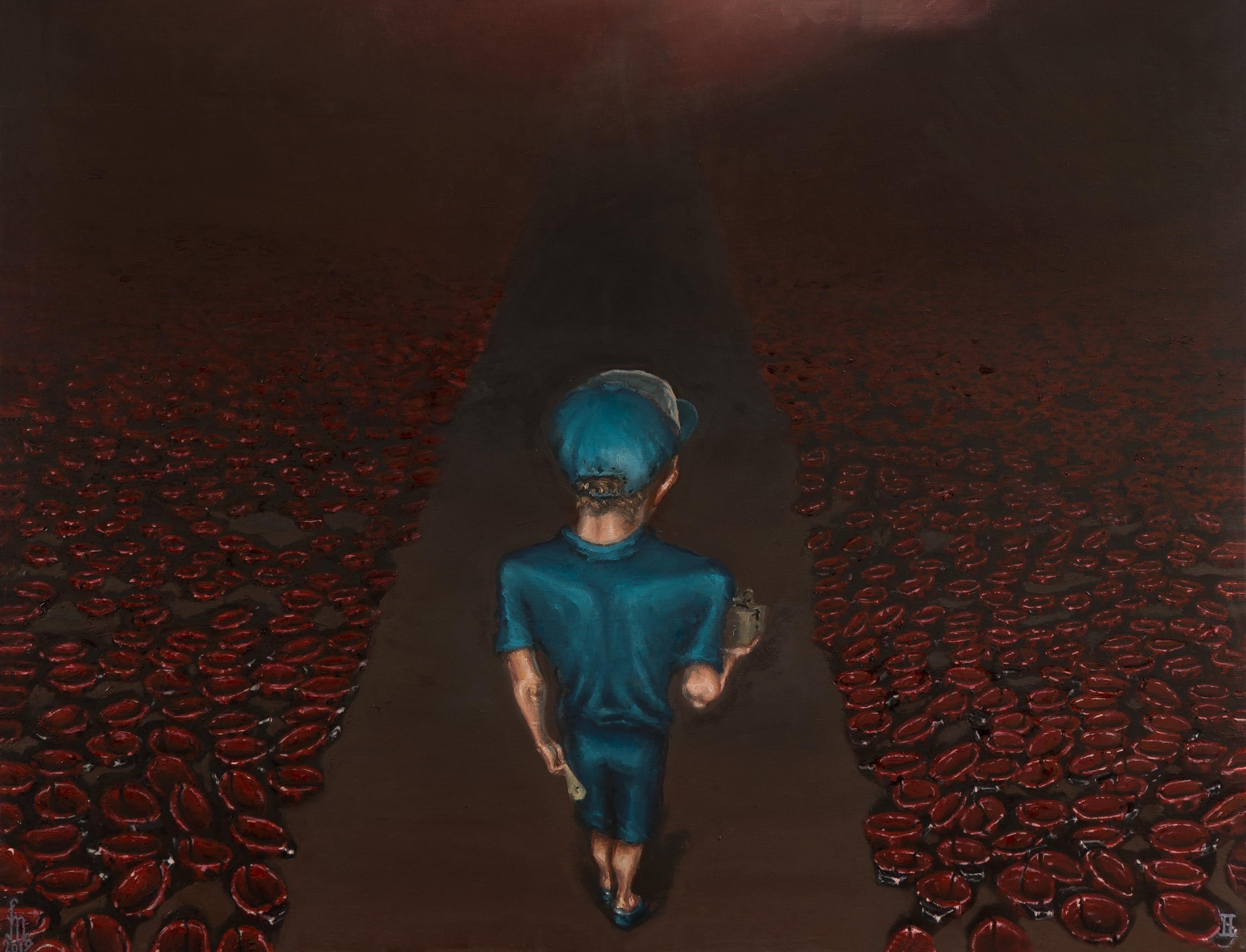 El camino recto - Contemporáneo, Niño, Azul, Misterio, Mariquita, Rojo, Marrón - Landscape Painting Negro de Mihai Florea