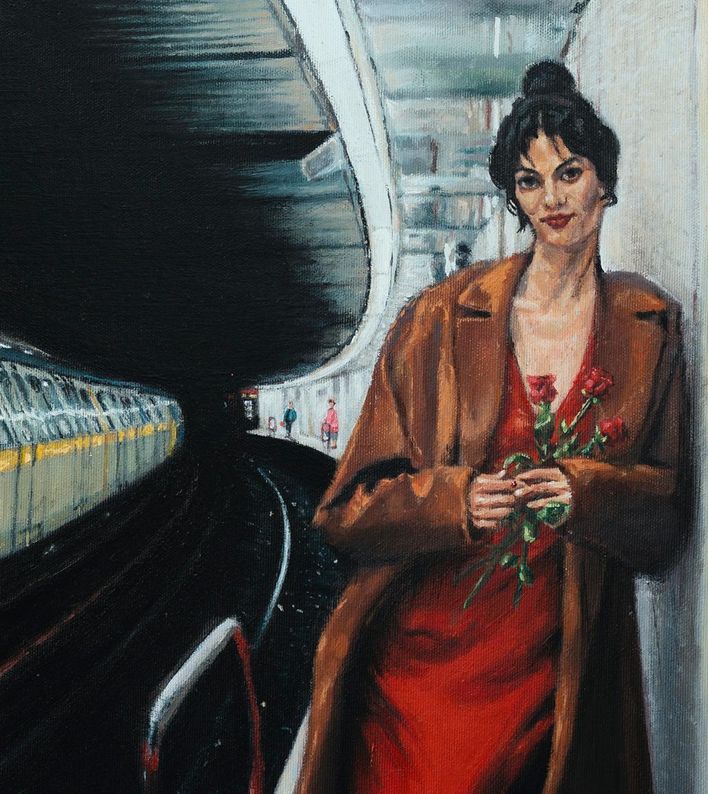 Die Thorny-Rosen – zeitgenössisch, rot, weiblich, Stadtlandschaft, figürliche Malerei – Painting von Mihai Florea