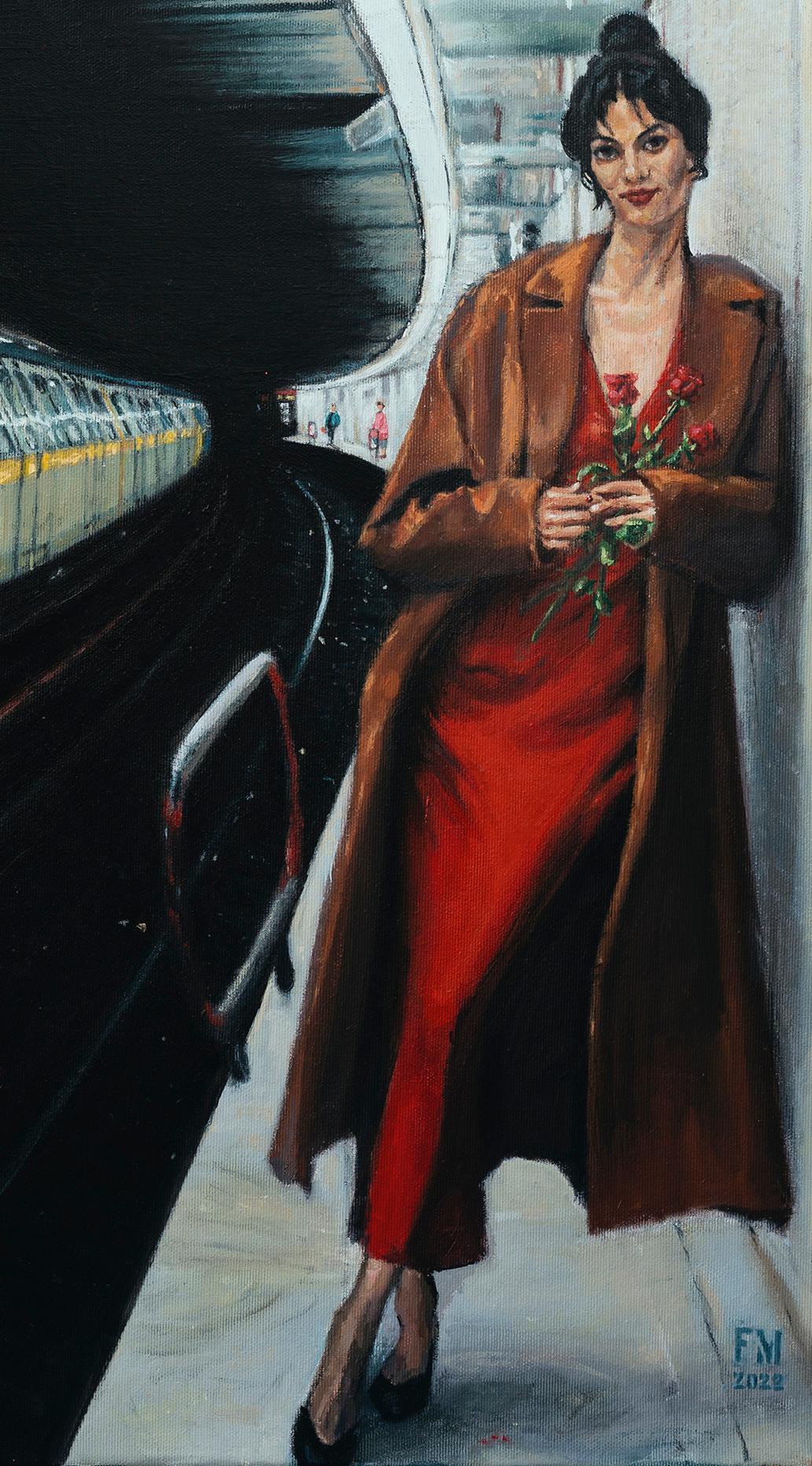 Die Thorny-Rosen – zeitgenössisch, rot, weiblich, Stadtlandschaft, figürliche Malerei (Fotorealismus), Painting, von Mihai Florea