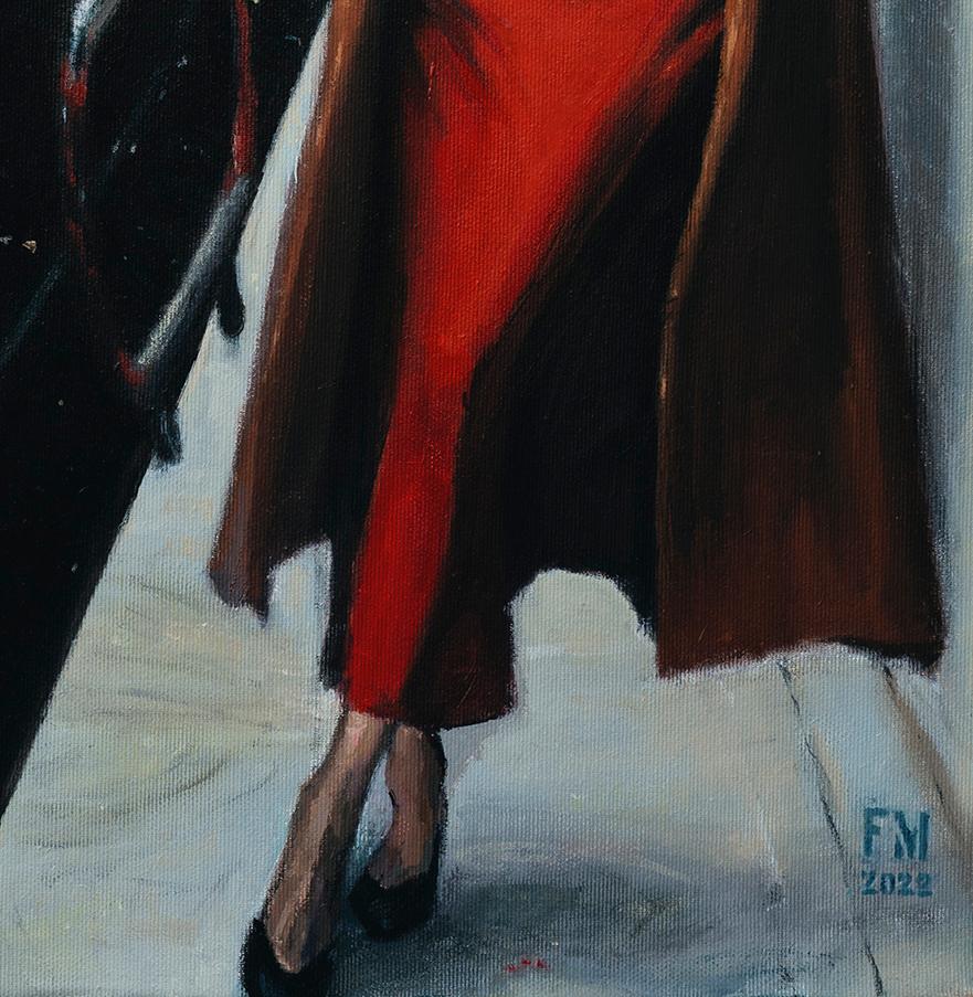 Die Thorny-Rosen – zeitgenössisch, rot, weiblich, Stadtlandschaft, figürliche Malerei (Schwarz), Figurative Painting, von Mihai Florea