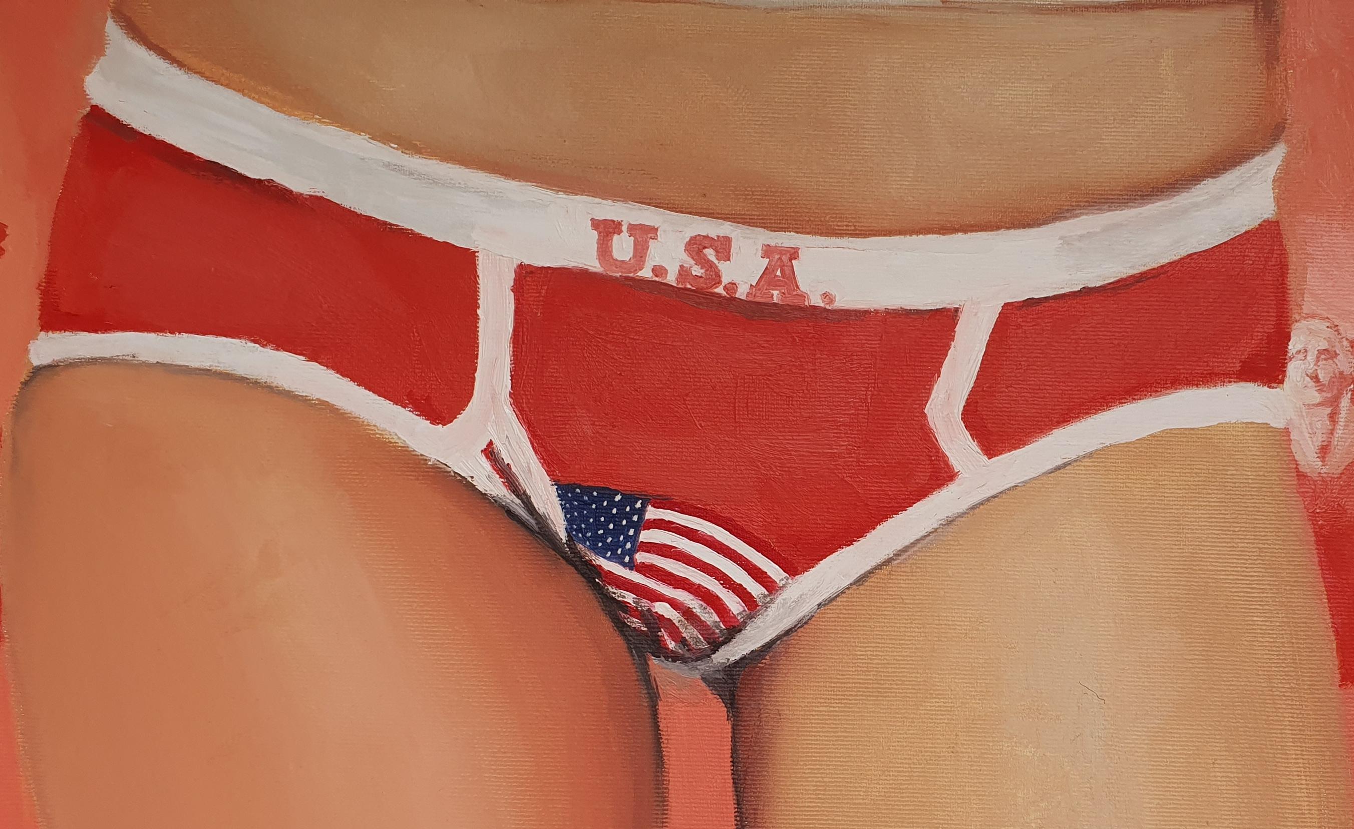 United States - Contemporary, Figurative Art, USA, Flag, Red, Statue of Liberty - Painting by Mihai Florea