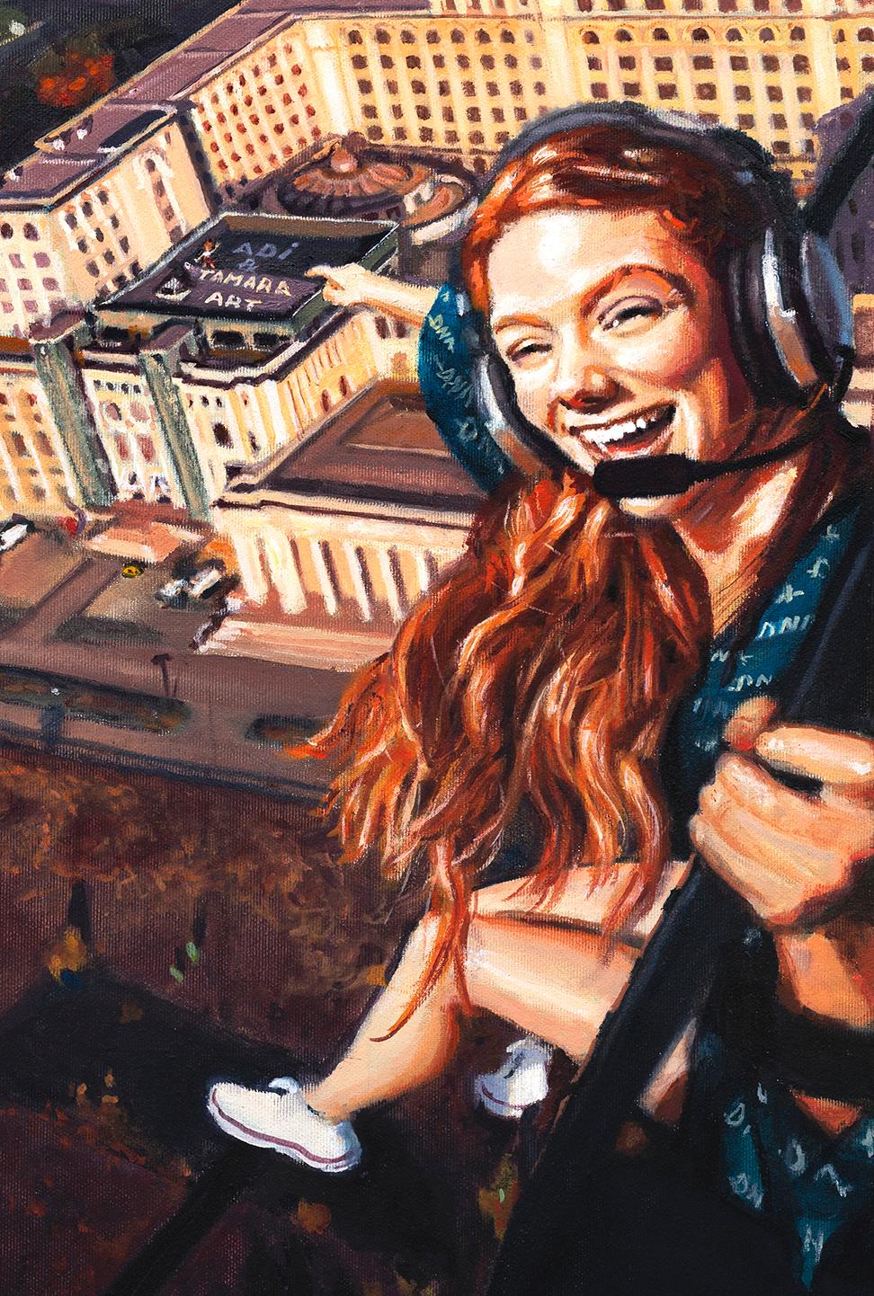 View From Heaven - Contemporary, Cityscape, Fun, Laughter, Woman, Figurative Art - Painting by Mihai Florea