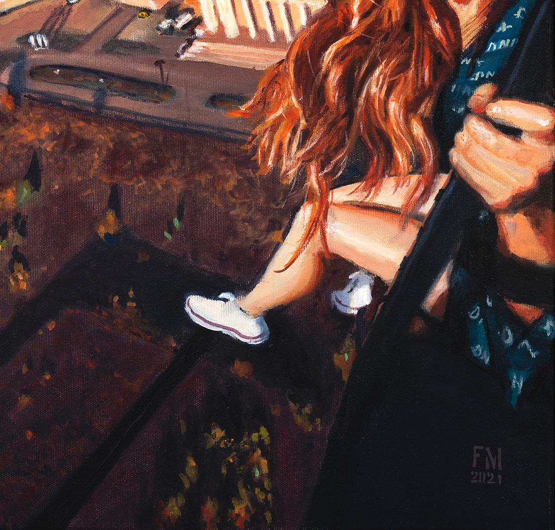 Vista desde el cielo - Contemporáneo, Paisaje urbano, Diversión, Risa, Mujer, Arte figurativo en venta 1