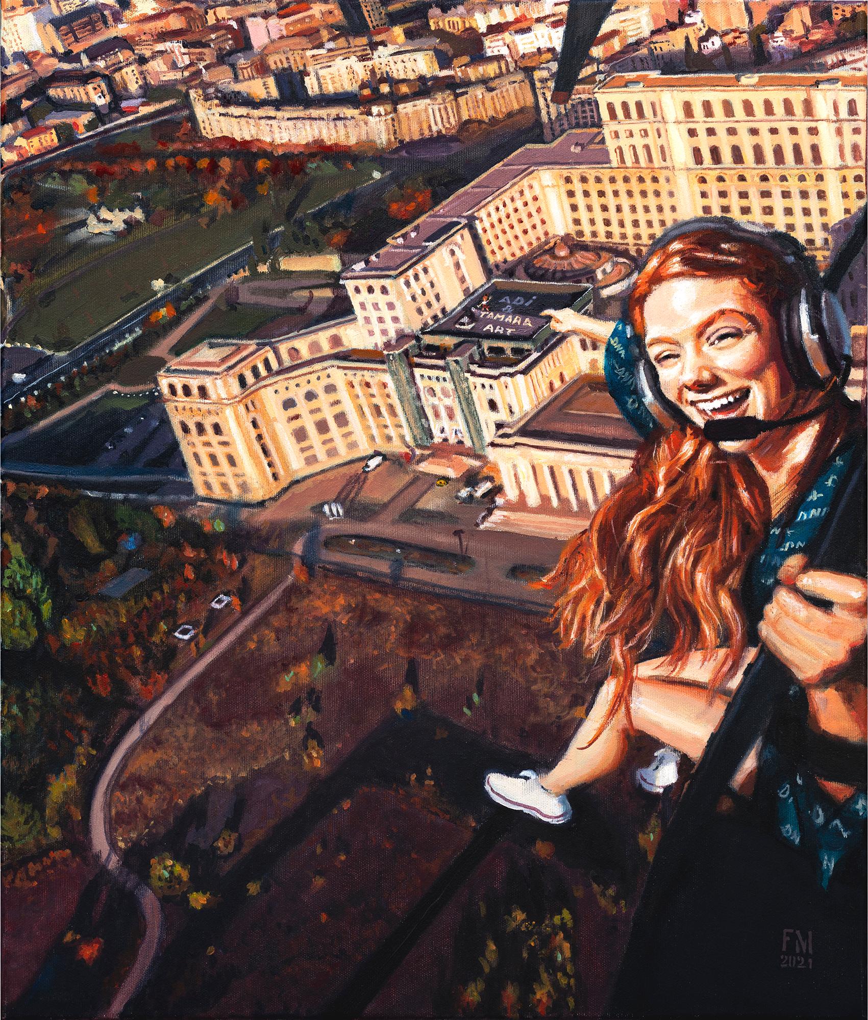 Mihai Florea Figurative Painting - View From Heaven - Contemporary, Cityscape, Fun, Laughter, Woman, Figurative Art
