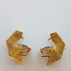 Mihail Chemiakin Enamel 18 Karat Yellow Gold Earrings