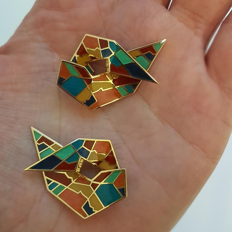 Women's Mihail Chemiakin Enamel 18 Karat Yellow Gold Earrings  For Sale