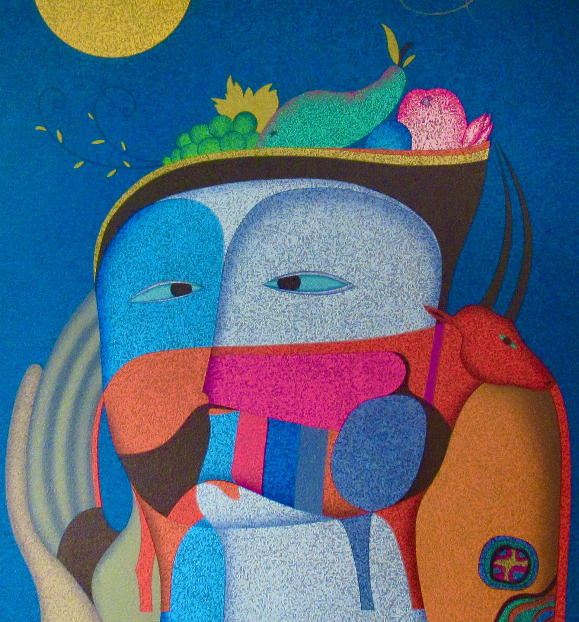 Composition en bleu - Gris Figurative Print par Mihail Chemiakin