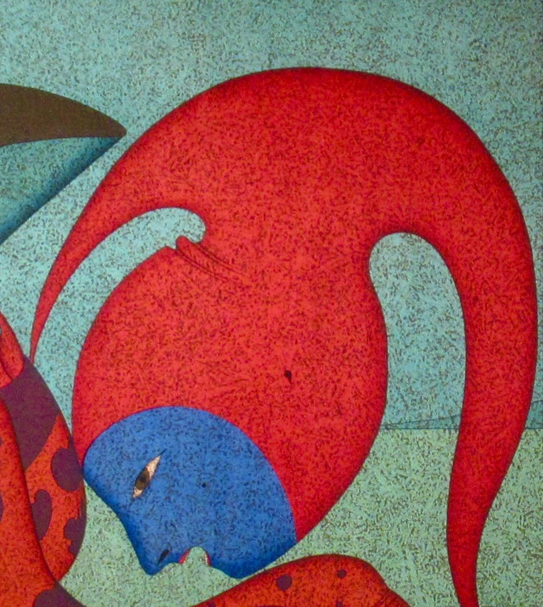 Flying Head - Gray Figurative Print by Mihail Chemiakin