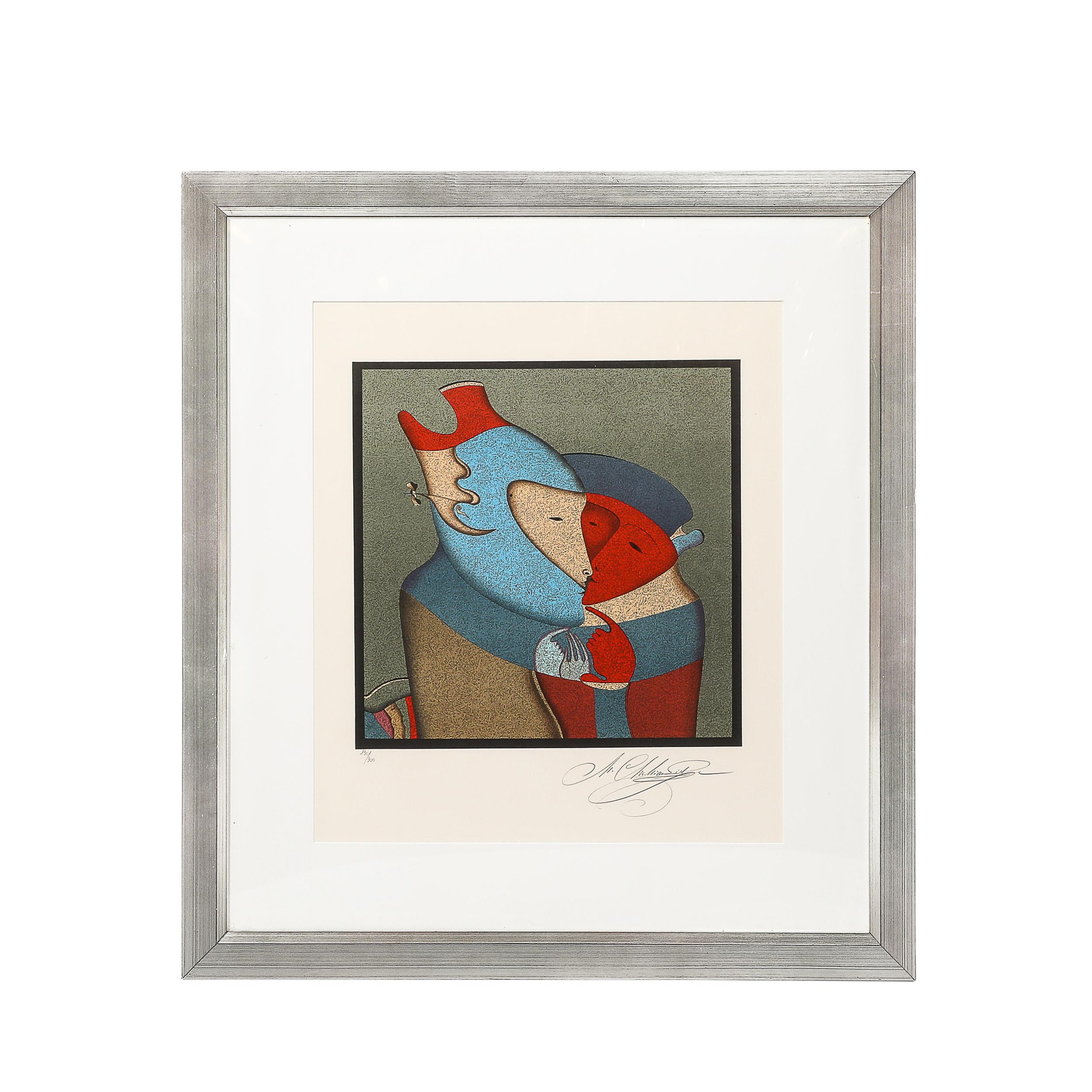 This beautifully harmonized and intriguing Mid-Century Modernist Lithograph entitled Les Deux Personnages (The Two Characters) is by the Russian artist Mihail Chemiakin and originates from France C. 1980. Edition 230/300. This piece features three