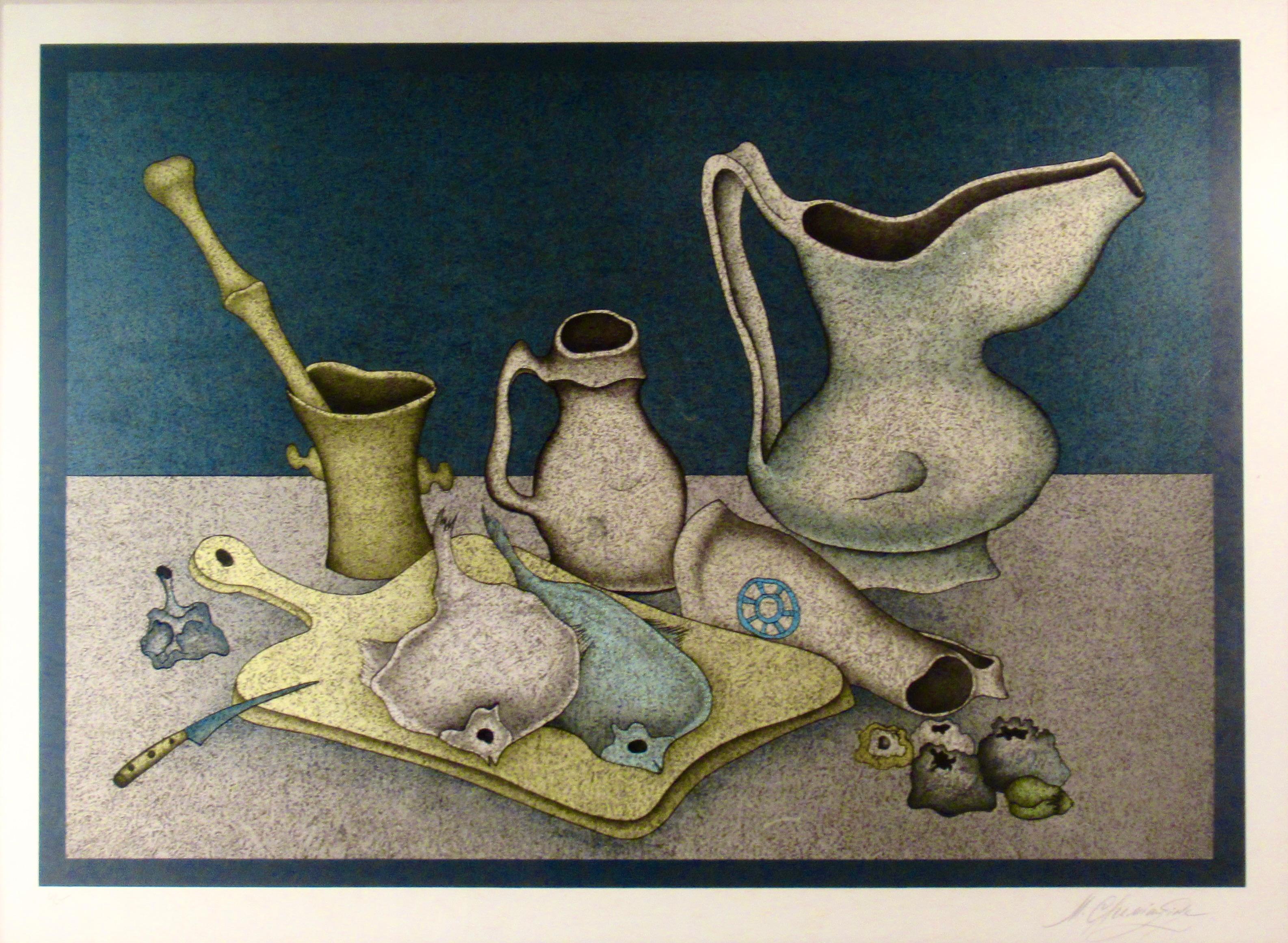 Still Life with Fish and jugs - Print by Mihail Chemiakin