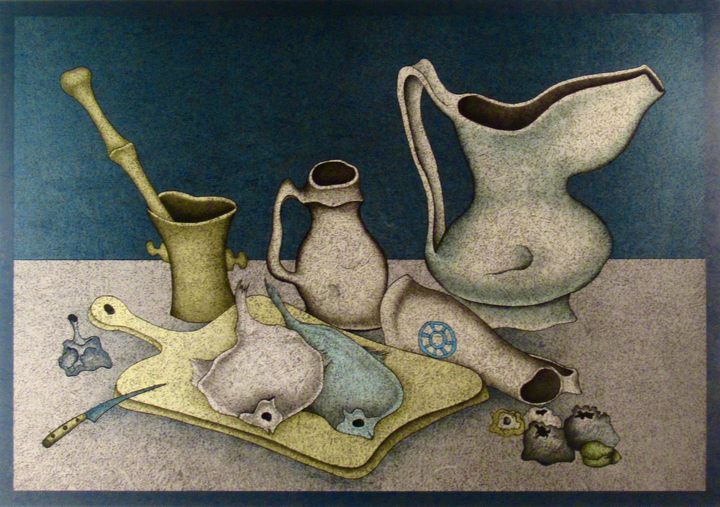 Still Life with Fish and jugs - Modern Print by Mihail Chemiakin