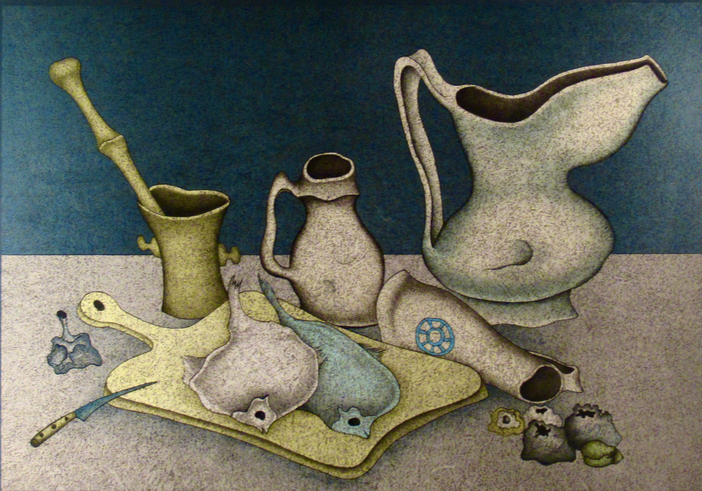 Still Life with Fish and jugs - Black Figurative Print by Mihail Chemiakin
