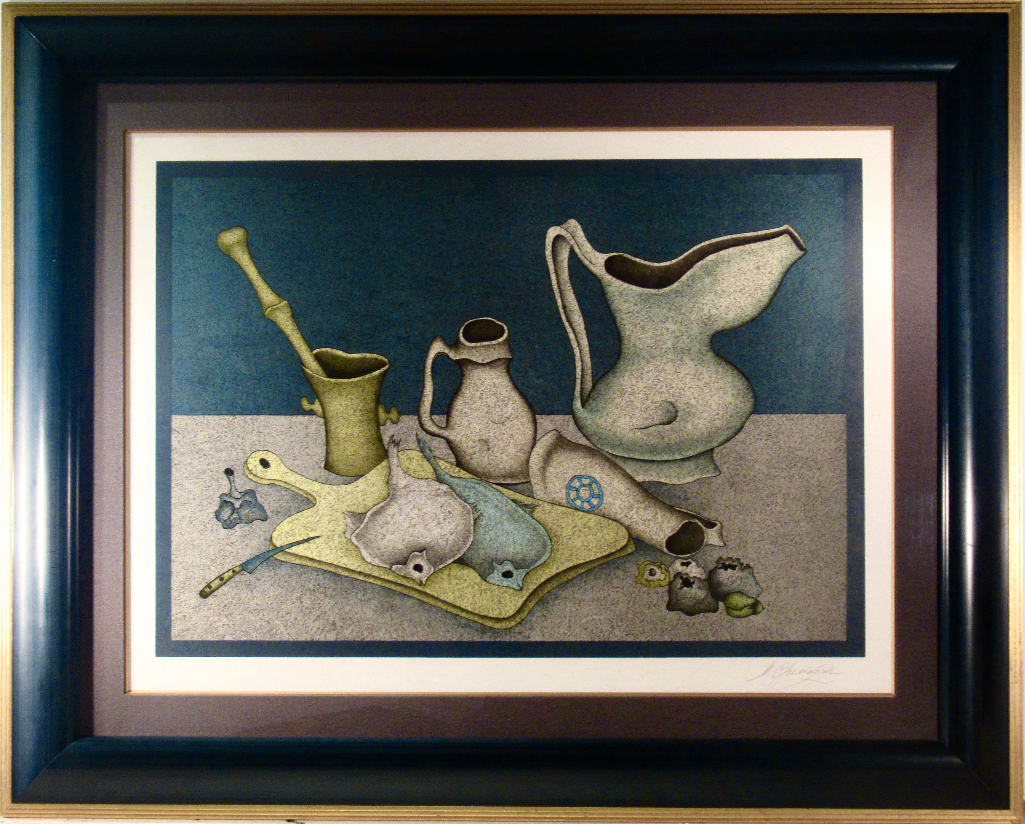 Mihail Chemiakin Figurative Print - Still Life with Fish and jugs