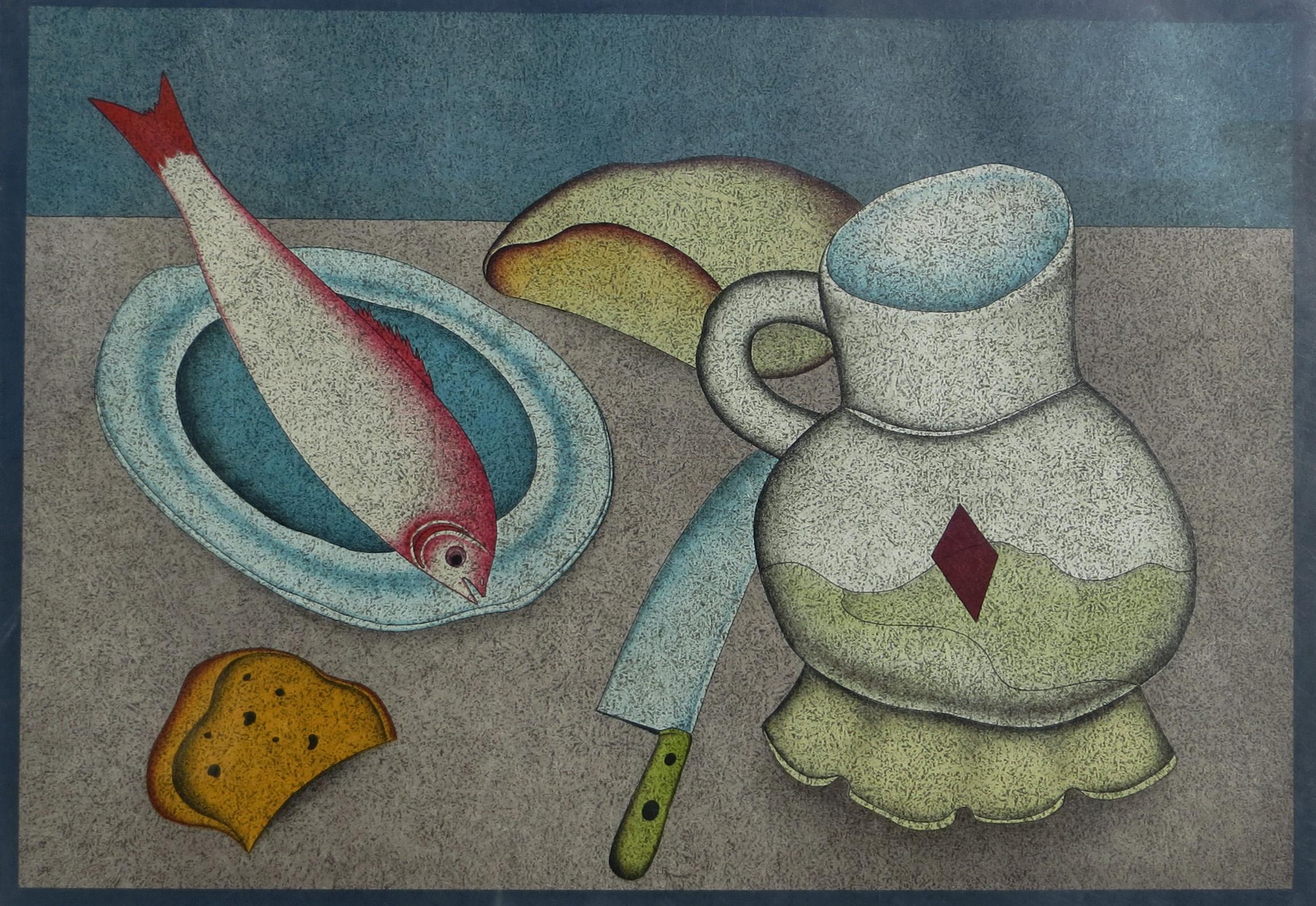 Still Life with Fish, Bread and Knife - Print by Mihail Chemiakin