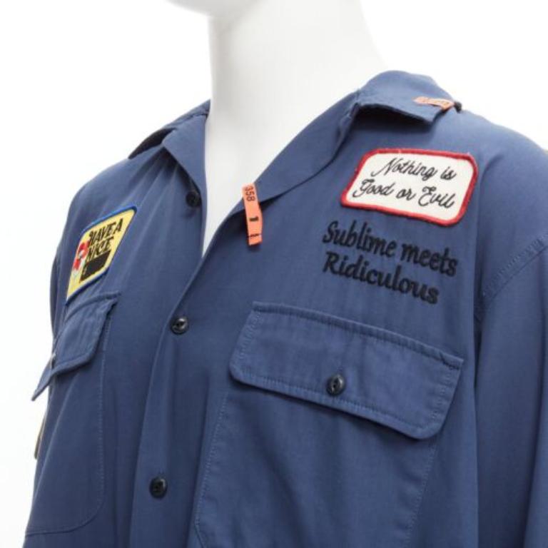 MIHARA YASUHIRO camicia ibrida 2 in 1 blu navy con distintivo vintage IT48 M. in vendita 7