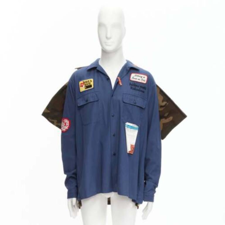 MIHARA YASUHIRO camicia ibrida 2 in 1 blu navy con distintivo vintage IT48 M. in vendita 9