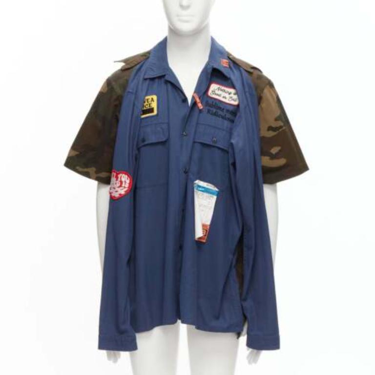 MIHARA YASUHIRO camicia ibrida 2 in 1 blu navy con distintivo vintage IT48 M. In condizioni ottime in vendita a Hong Kong, NT