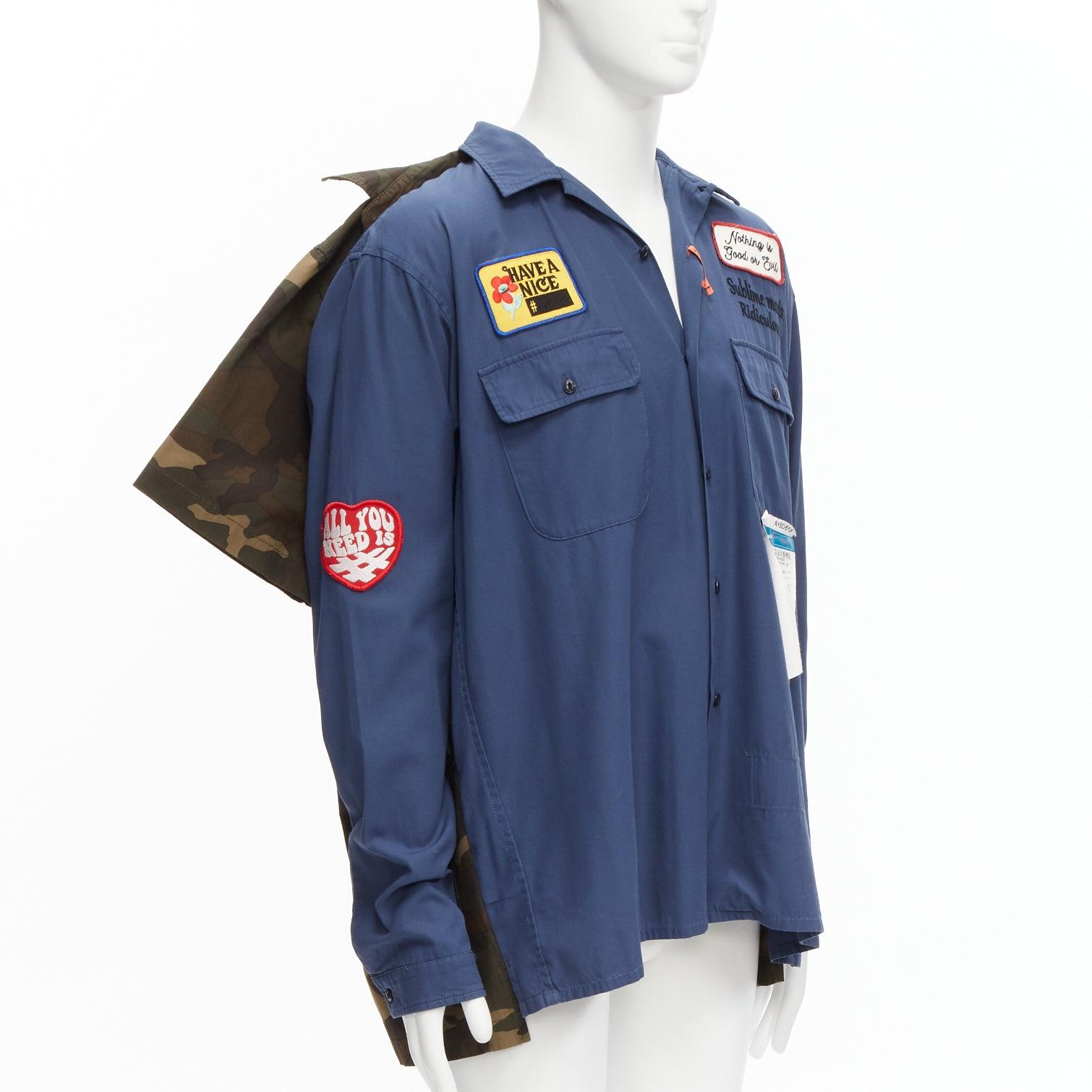 Men's MIHARA YASUHIRO blue navy vintage badge 2-in-1 hybrid shirt IT48 M For Sale