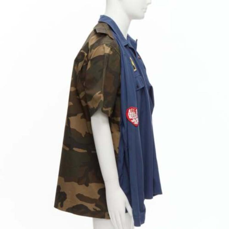 MIHARA YASUHIRO camicia ibrida 2 in 1 blu navy con distintivo vintage IT48 M. in vendita 2