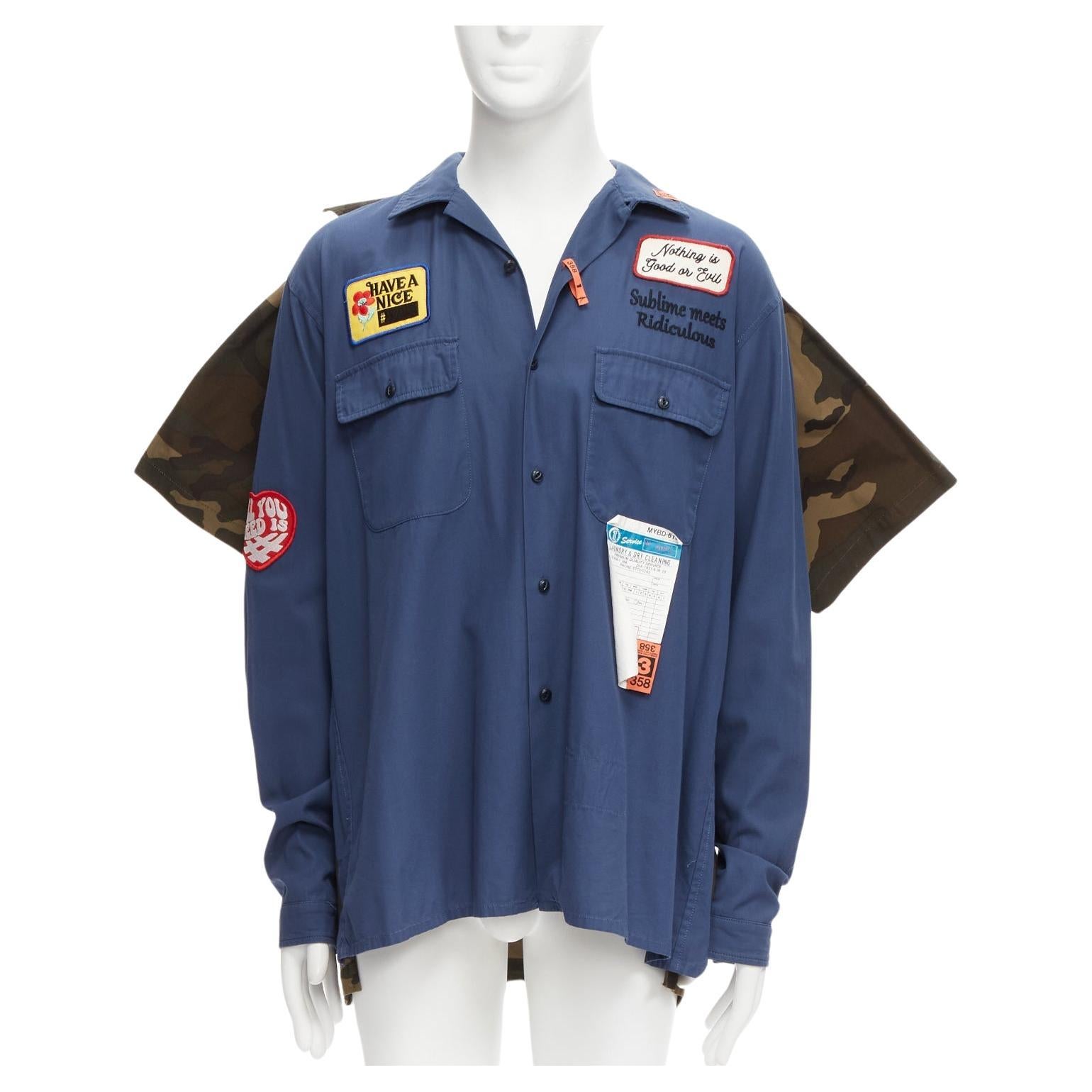 MIHARA YASUHIRO blue navy vintage badge 2-in-1 hybrid shirt IT48 M For Sale