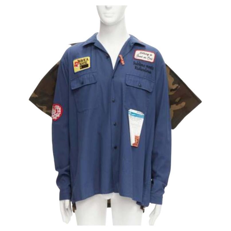 MIHARA YASUHIRO camicia ibrida 2 in 1 blu navy con distintivo vintage IT48 M. in vendita